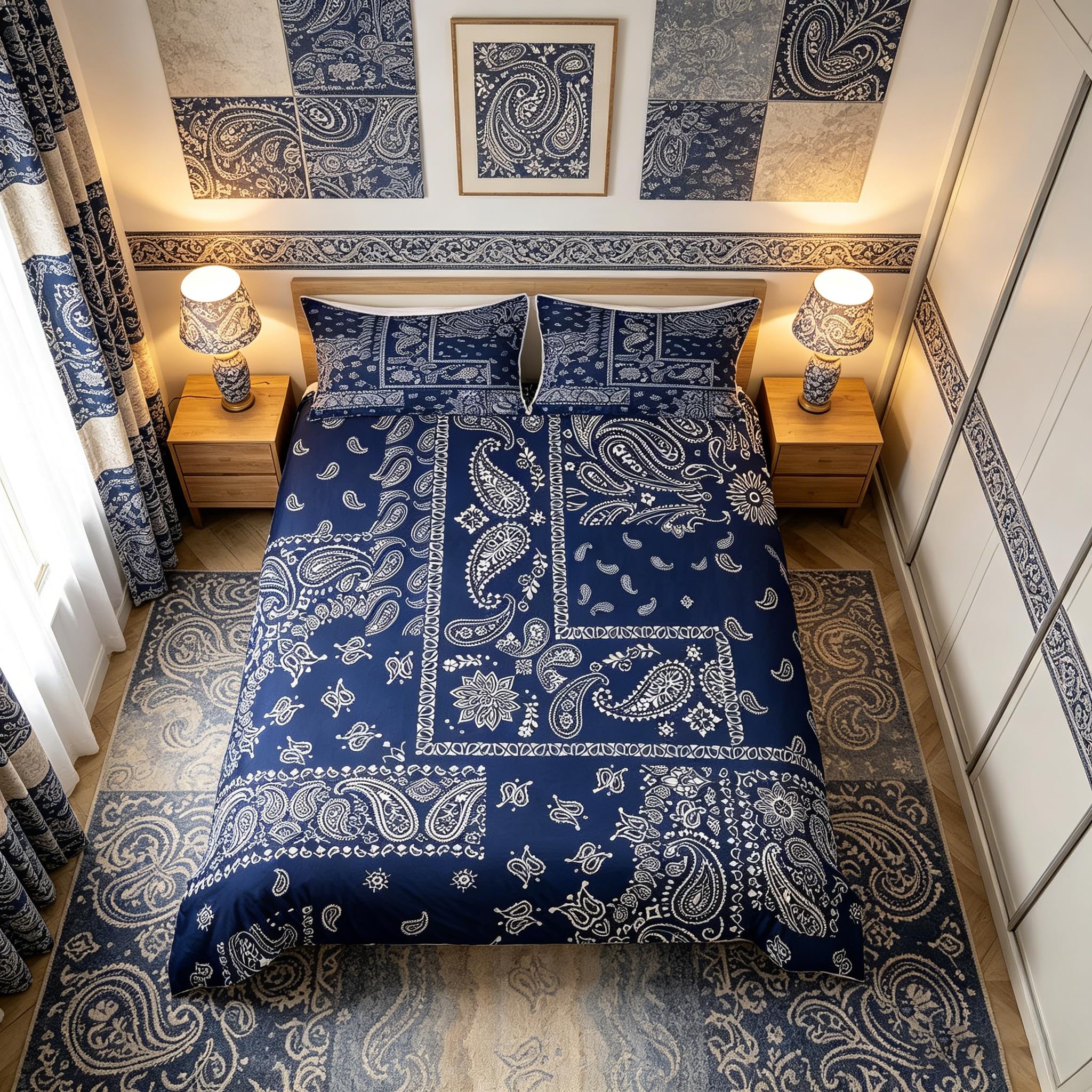 Parure de lit bohème bleu marine housse de couette imprimé floral cachemire