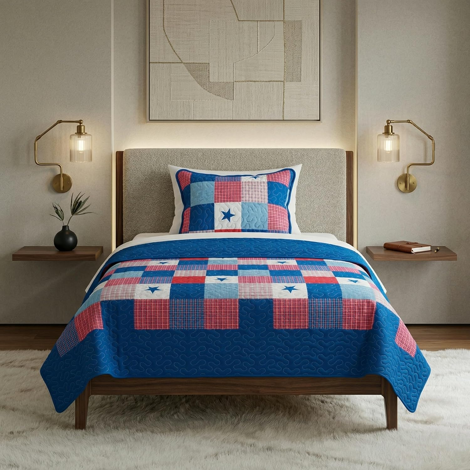 Lavish Home 2-Piece Caroline Patriotic Quilt Set – Microfiber Americana Stars and Plaid Patchwork Blanket Bed Set with Sham – Home Bedding (Twin)