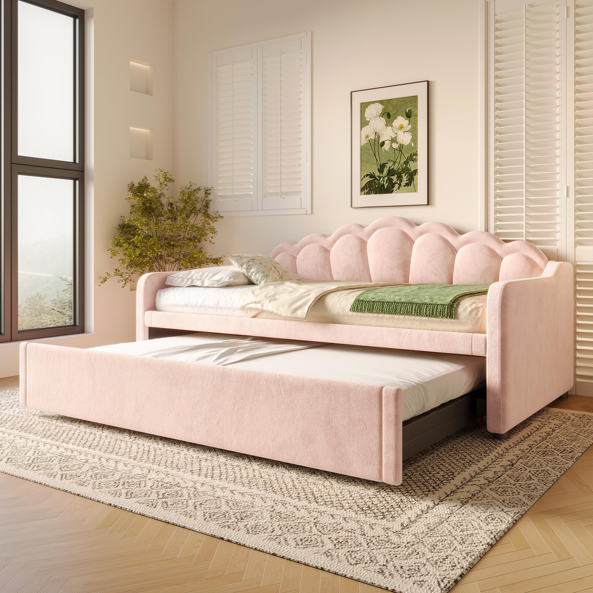 Lexiou Cama de día con cama nido, sofá cama, cama individual (sin colchón), cama doble, terciopelo, tira LED que cambia de color, 90 x 200 cm (180 x 200 cm) (rosa)