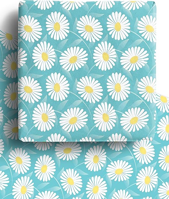 Daisy Easter Wrapping Paper Sheets | 100% Recycled Wrapping Paper | 4 x Premium Recyclable Flower Gift Wrap for Mothers Day, Birthday, New Baby, Christening and more.