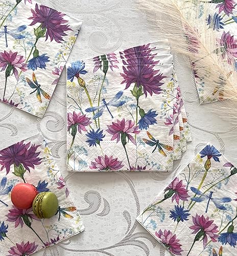 Miniatura 3 de Servilletas de papel de flores moradas con libélula para cena, tamaño decorativo de almuerzo de decoupage de 13 x 13 pulgadas (desplegadas)