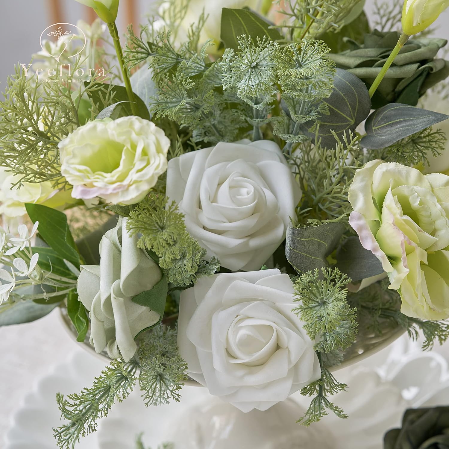 Artificial Flowers, 25pcs Artificial Rose for DIY Wedding Bouquets Centerpieces Arrangements, Sage Green and White Foam Flowers with Stem for Bridal Shower Party Home Decorations - Image 3