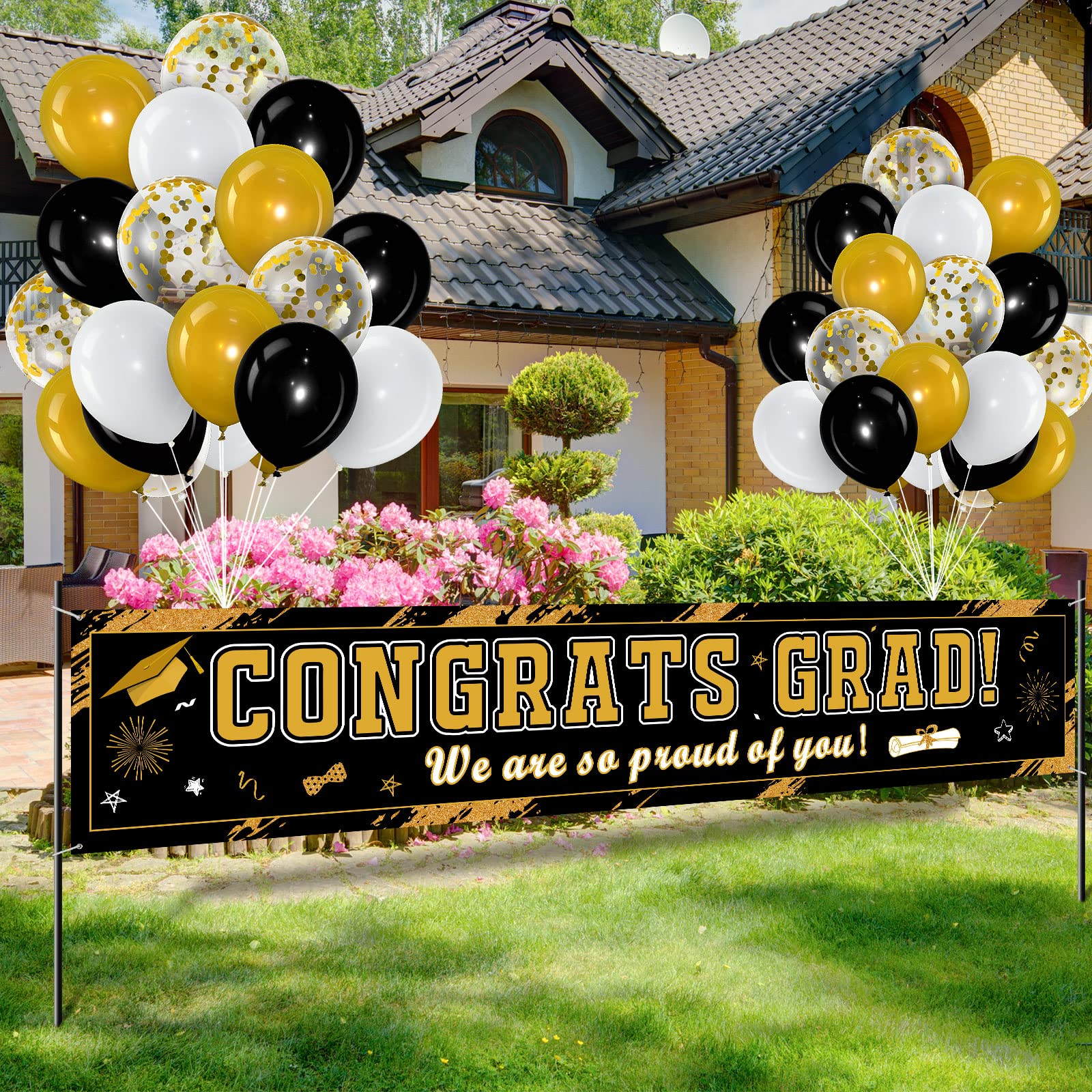 Photo 1 of Tiamon 36 Pieces Class of 2026 Graduation Party Decorations Banner, Large Congrats Grad Banner with 35 Pieces Balloons 2026 Yard Signs for High School College Graduation Party Supplies(Black Gold)