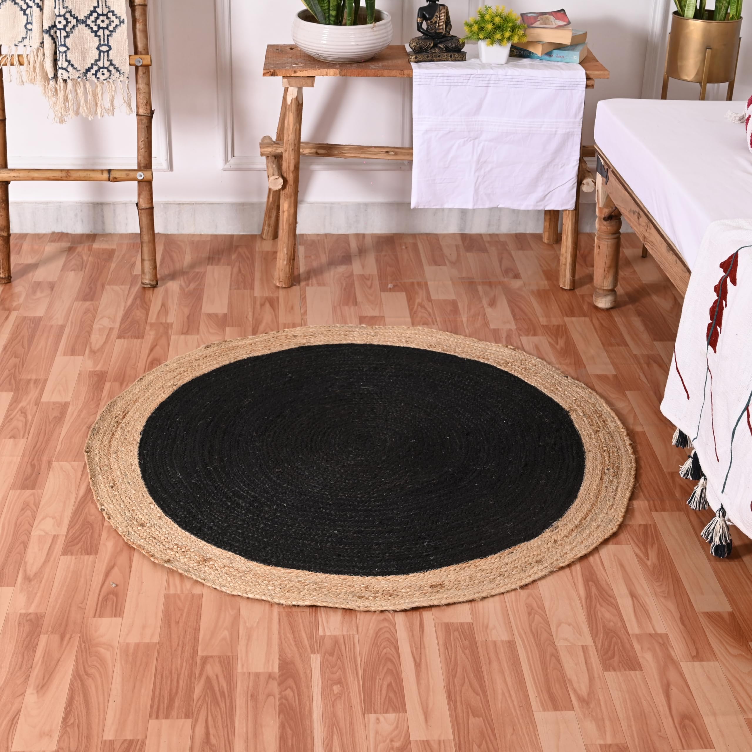 Tapis en jute tressé à la main en fibres naturelles, tapis bohème tressé à la main écologique pour chambre, cuisine, salon, maison de campagne (noir naturel, rond 3,35 m)
