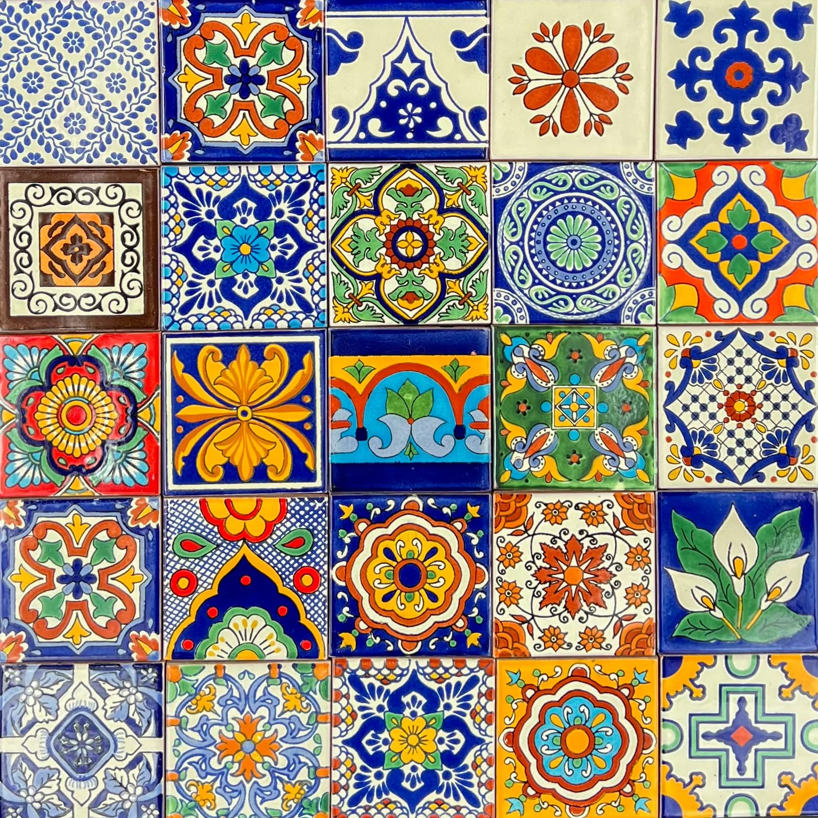 Assorted Mexican Talavera Tile Set - 4.25" X 4.25" - 25 PCS - Handmade in Mexico - Talavera Tile