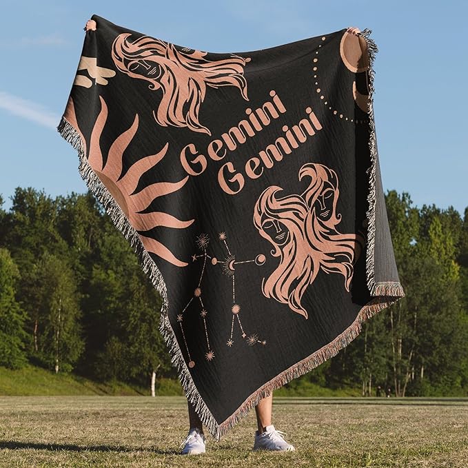Throw Blanket, 100% Cotton Woven, Zodiac Compatibility Sign, Astrology Decor Woven Tapestry, Gemini & Gemini Horoscope Match 2-Inch Fringe Detail, Vintage Aesthetic Multiple Sizes 60 x 80
