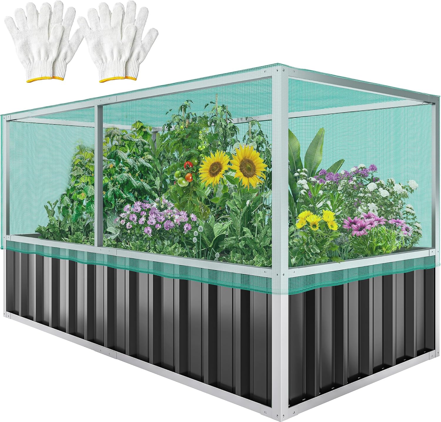 YITAHOME 12x4x1ft Raised Garden Bed Kit, Galvanized Raised Bed with Gloves & Support Rod, Outdoor Patio Planter Box for Plants Vegetables Flowers,Dark Gray