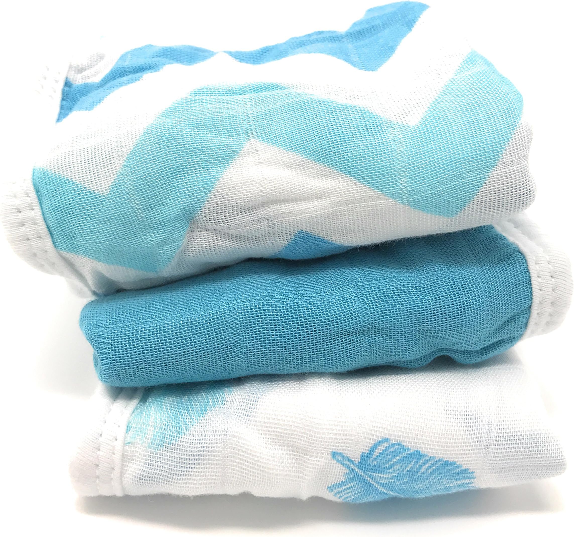 Bamboo Muslin Washcloths - 3 Pack - Aqua Feather Chevron - Softest Muslin Washcloths by Cozy Babe