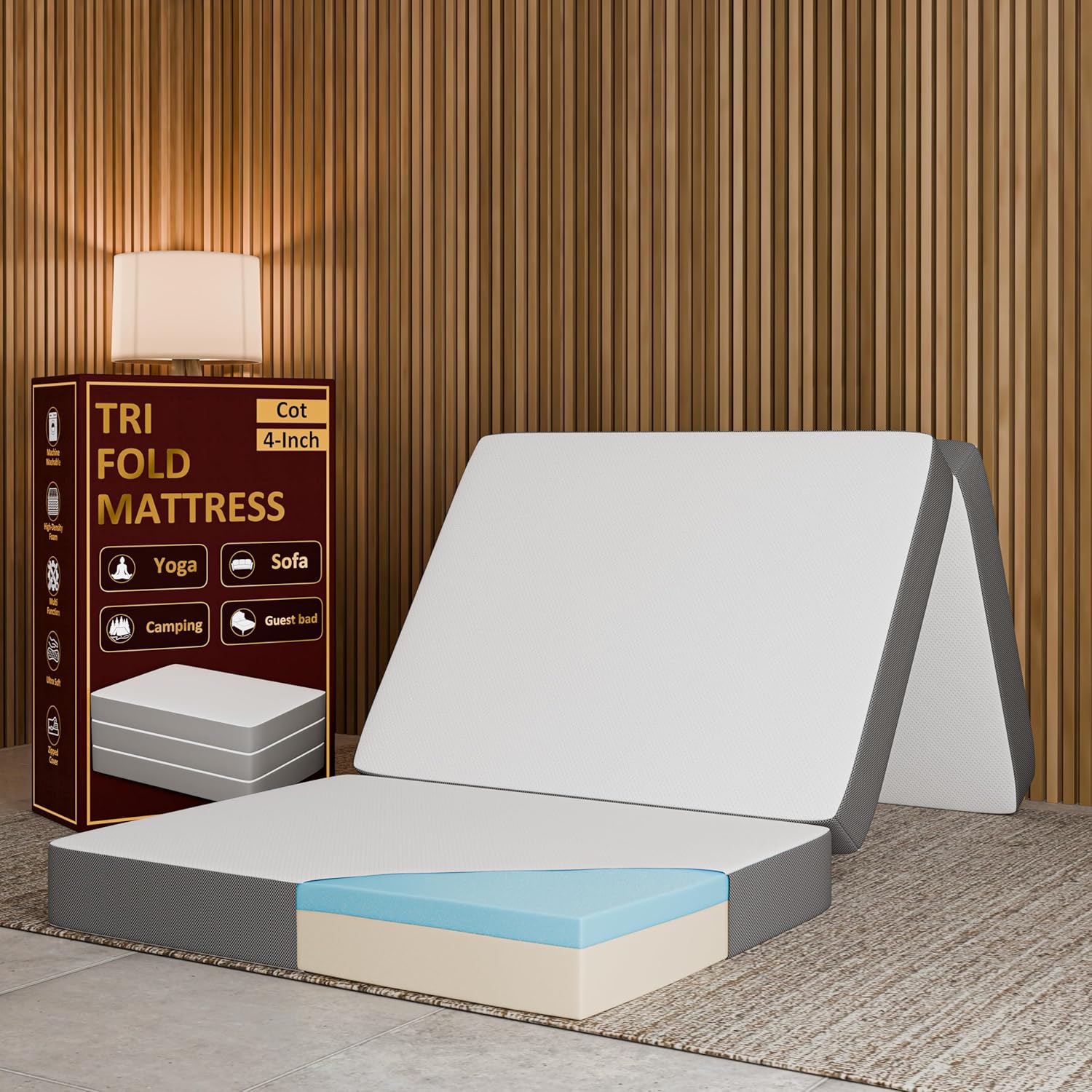 Zutan 4-Inch Tri-Folding Zipper Mattress with Breathable Gel Memory Foam | Multi-Adjustable Lightweight Bedding Mattresses with Mesh Sides, Portable Ultra Soft Washable Covers, 31-Inch, White