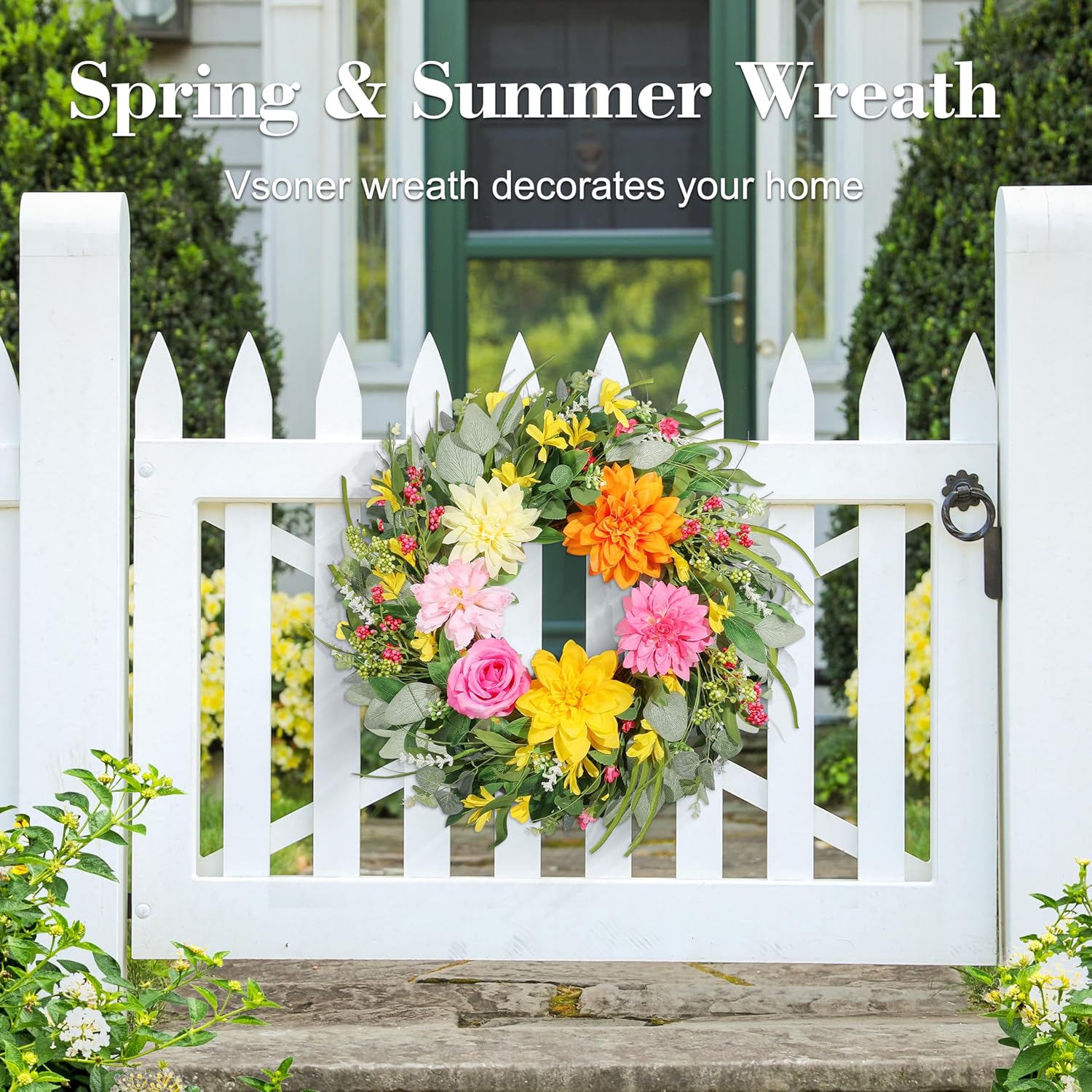 Spring Wreaths for Front Door 24 Inch, Artificial Summer Wreath with Dahlia and Peony for All Season Home Decor Easter Indoor Outdoor Wall Home Festival Celebrations