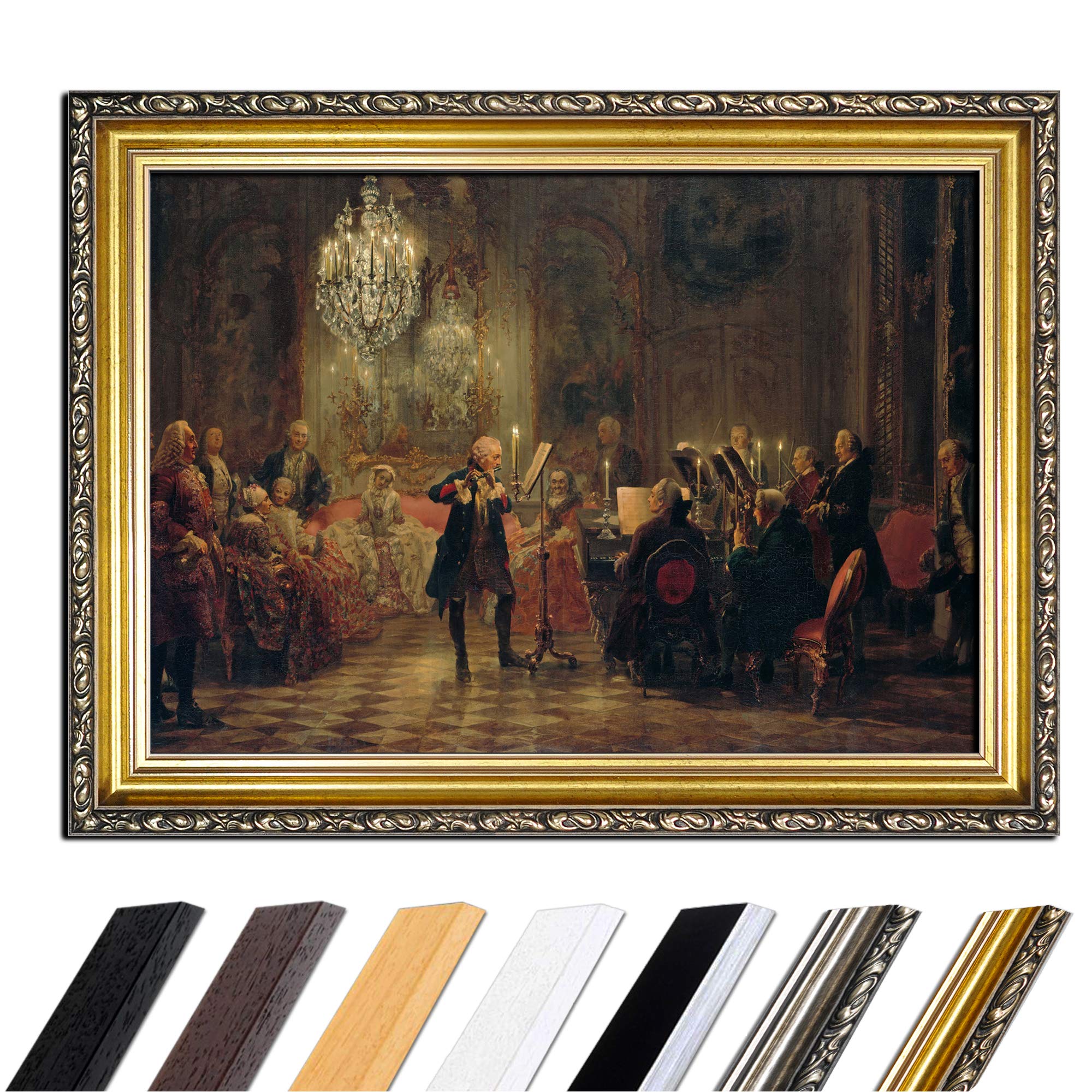Bilderdepot24 Bild mit Rahmen - Adolph von Menzel Flötenkonzert Friedrichs des Großen in Sanssouci 110x85 cm - Gerahmtes Leinwandbild Alte Meister - Antiker Rahmen Gold Barock, Klassisch