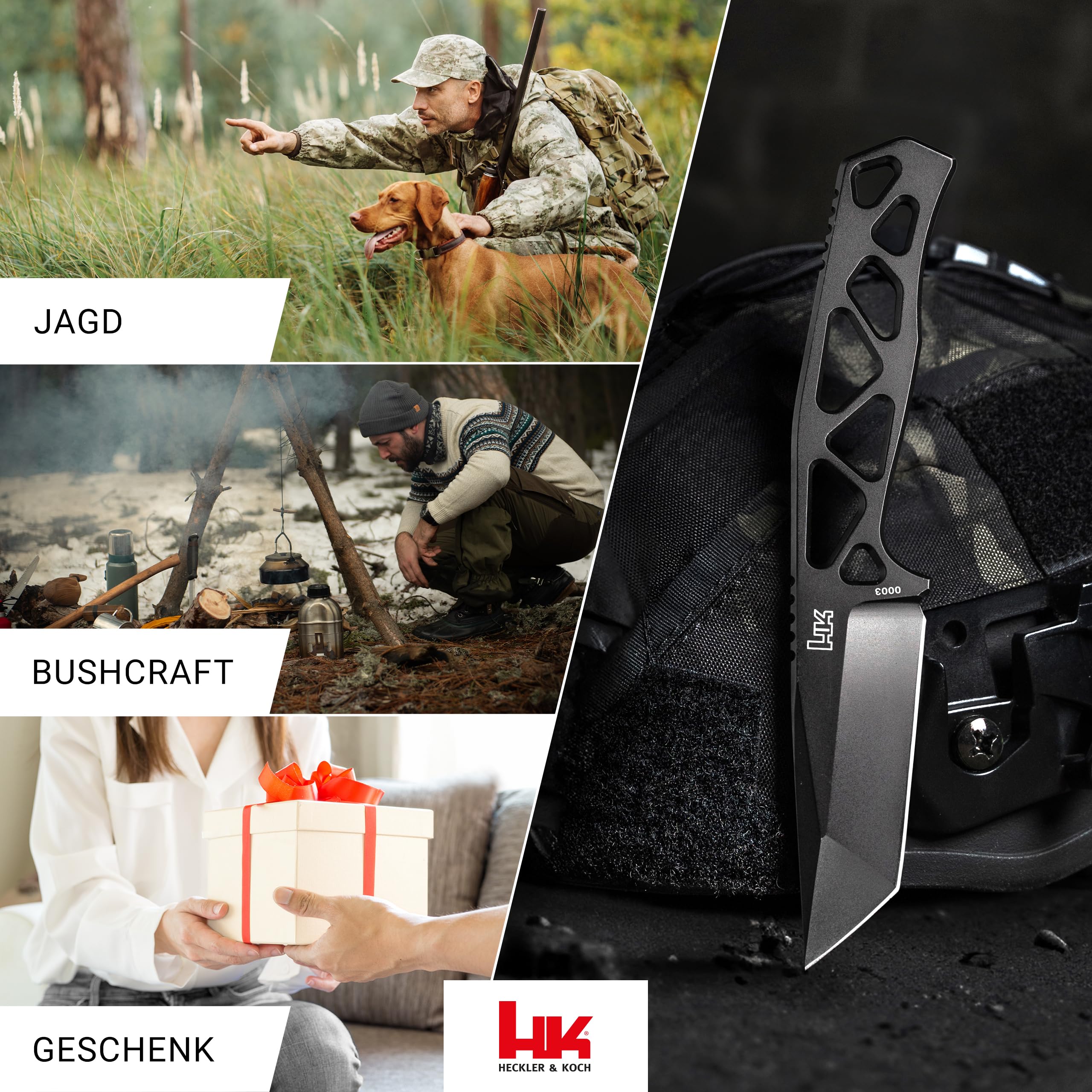 HECKLER & KOCH® FX01 - feststehendes Skelett Messer 42a konform - taktisches Einsatzmesser mit Kydex-Scheide & Gürtel-Clip - EDC Neck Knife mit 7,5 cm Tanto Klinge schwarz - Vollmetall Outdoormesser