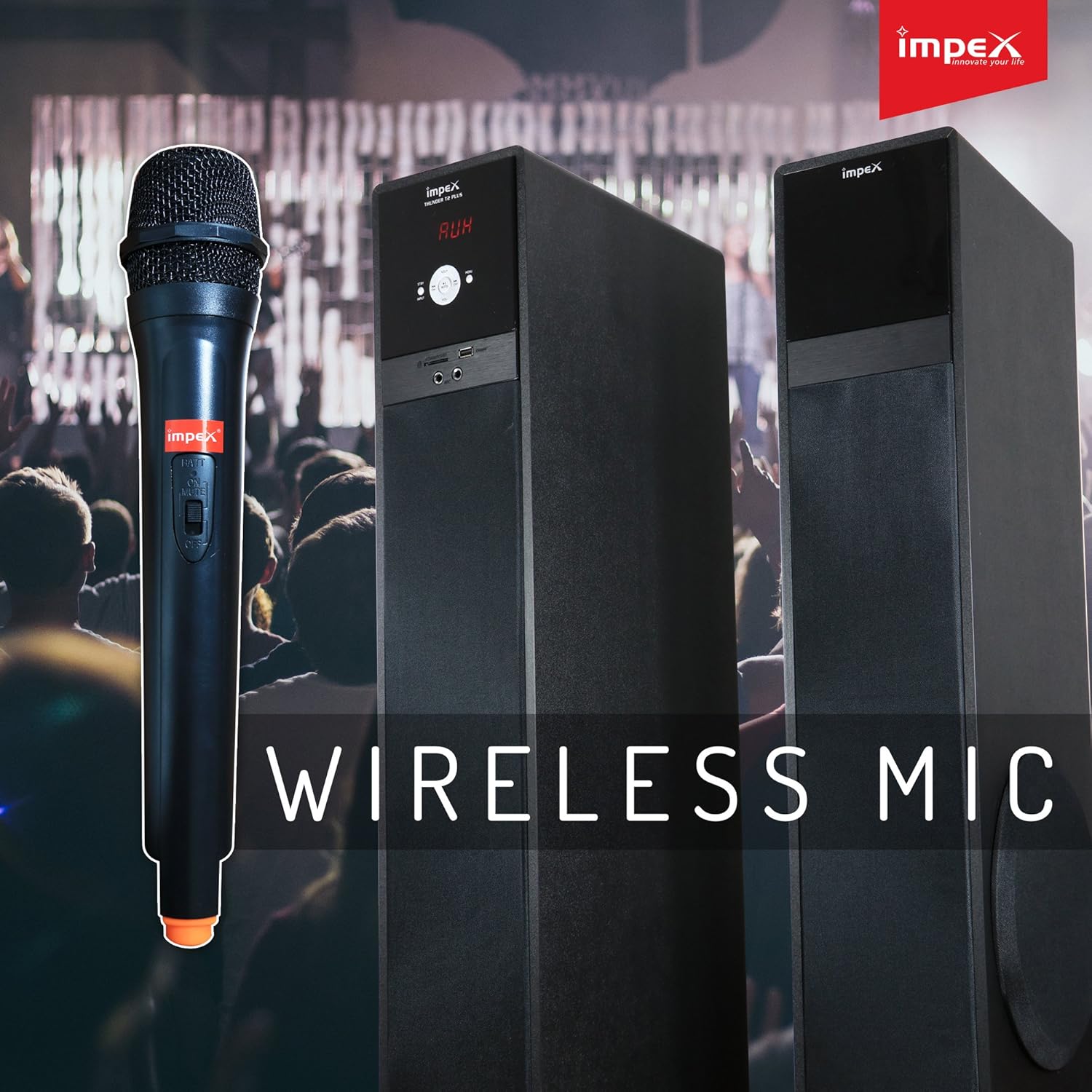 Impex Thunder T2 Plus speaker with a wireless microphone.