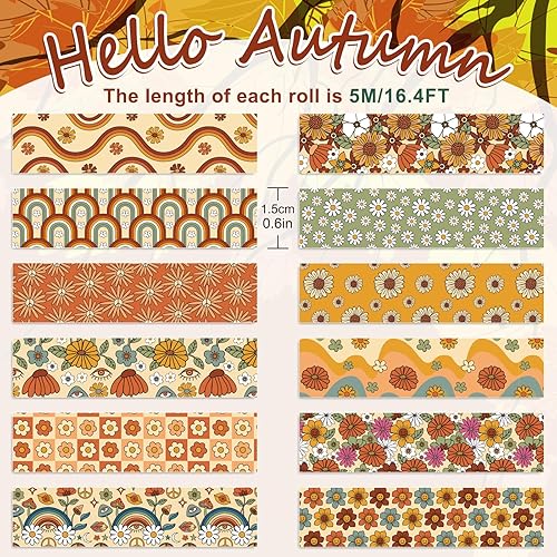 Miniatura 2 de Whaline 12 rollos de cinta Washi floral bohemia, flores retro, arco iris, calcomanías adhesivas de papel para álbumes de recortes, envoltura de