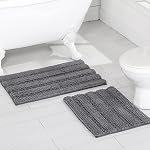 Home Beyond & HB design - 2-Piece Striped Chenille Bath Mat Rug Set for Bathroom, Ultra Soft Thick Absorbent Non Slip - Machine Washable, 19.7 x 31.5 Inch and 17 x 24 Inch, Grey
