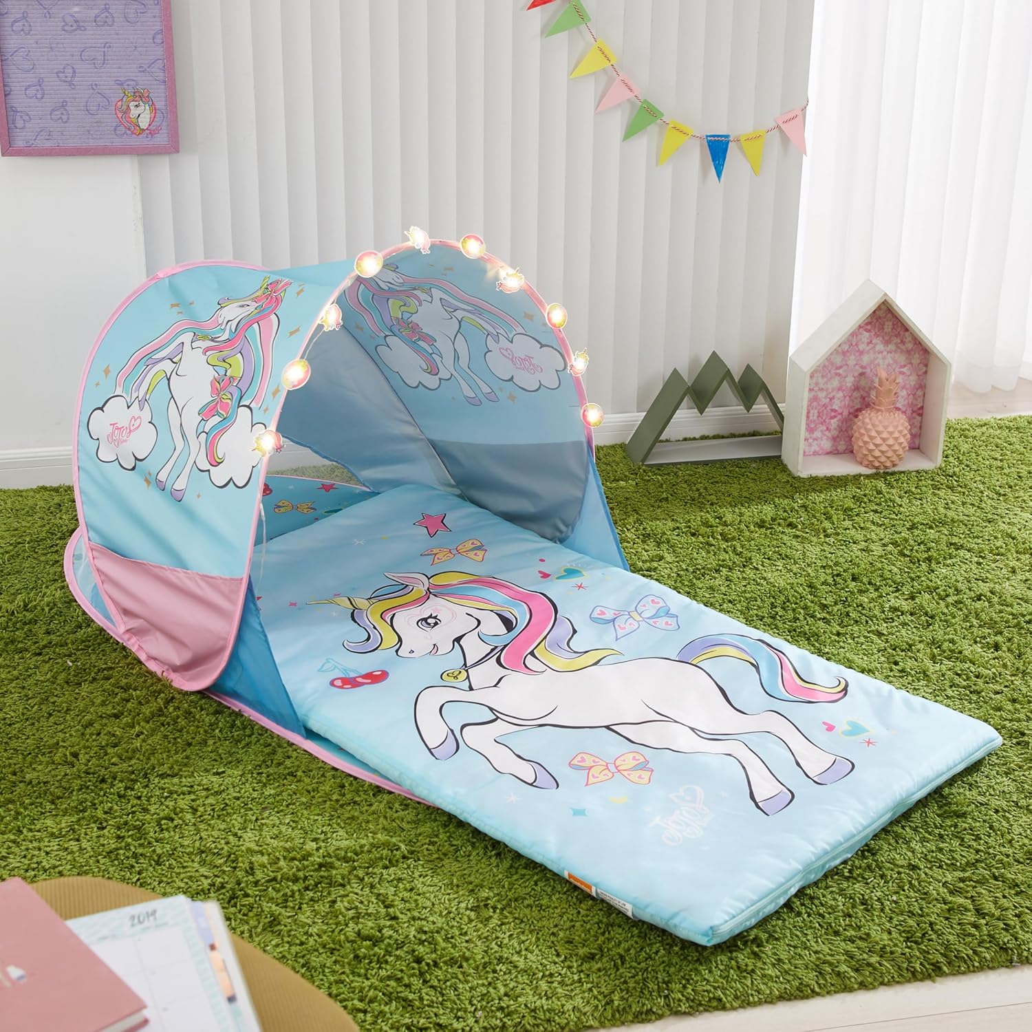 JoJo Siwa Unicorn 3 Piece 26"x46" Adventure Pop up Play Tent Set with Slumber Bag,Carry Bag,and String Lights