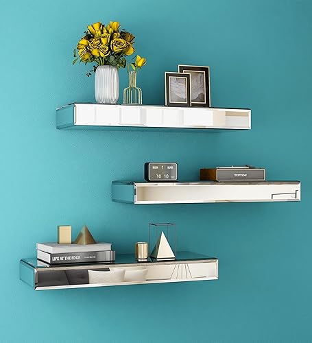 SHYFOY Mirrored Floating Shelves for Wall, Set of 3 Glass