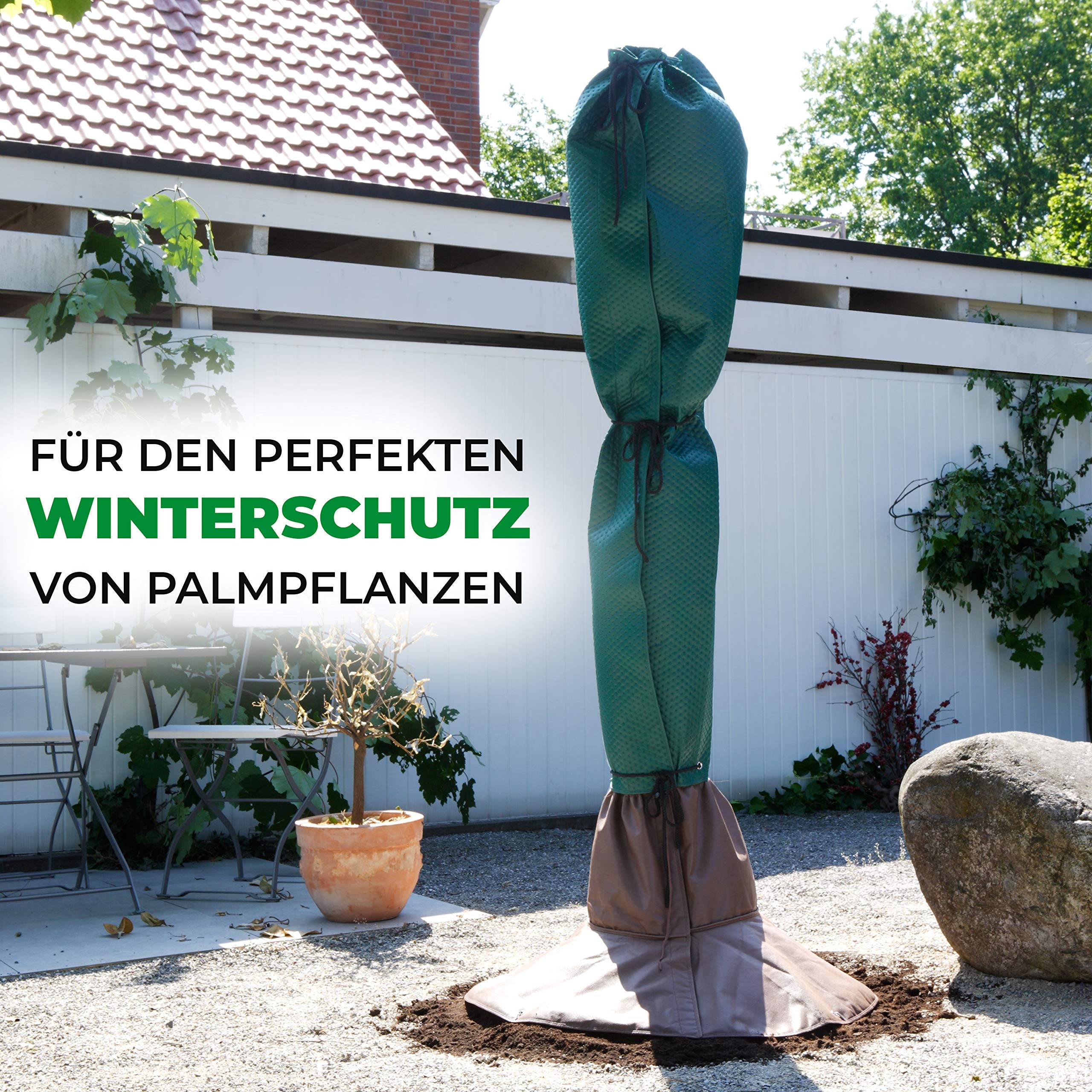 Bio Green Stammschutz für Palmen und Bäume | schützt vor Wind, Regen, Feuchtigkeit, Schnee und Frost | atmungsaktiver Vliesmantel für Stämme bis Ø 35 cm | 150 cm hoch