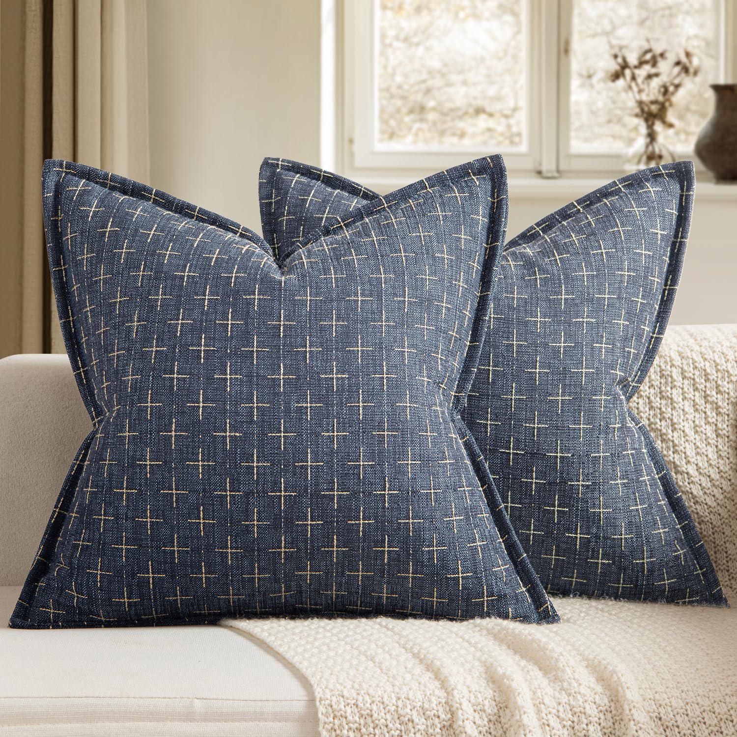 MIULEE Decorative Burlap Linen Throw Pillows Covers 24x24 Inch Blue Vintage Euro Pillow Covers Outdoor Modern Farmhouse Pillowcase Woven Textured