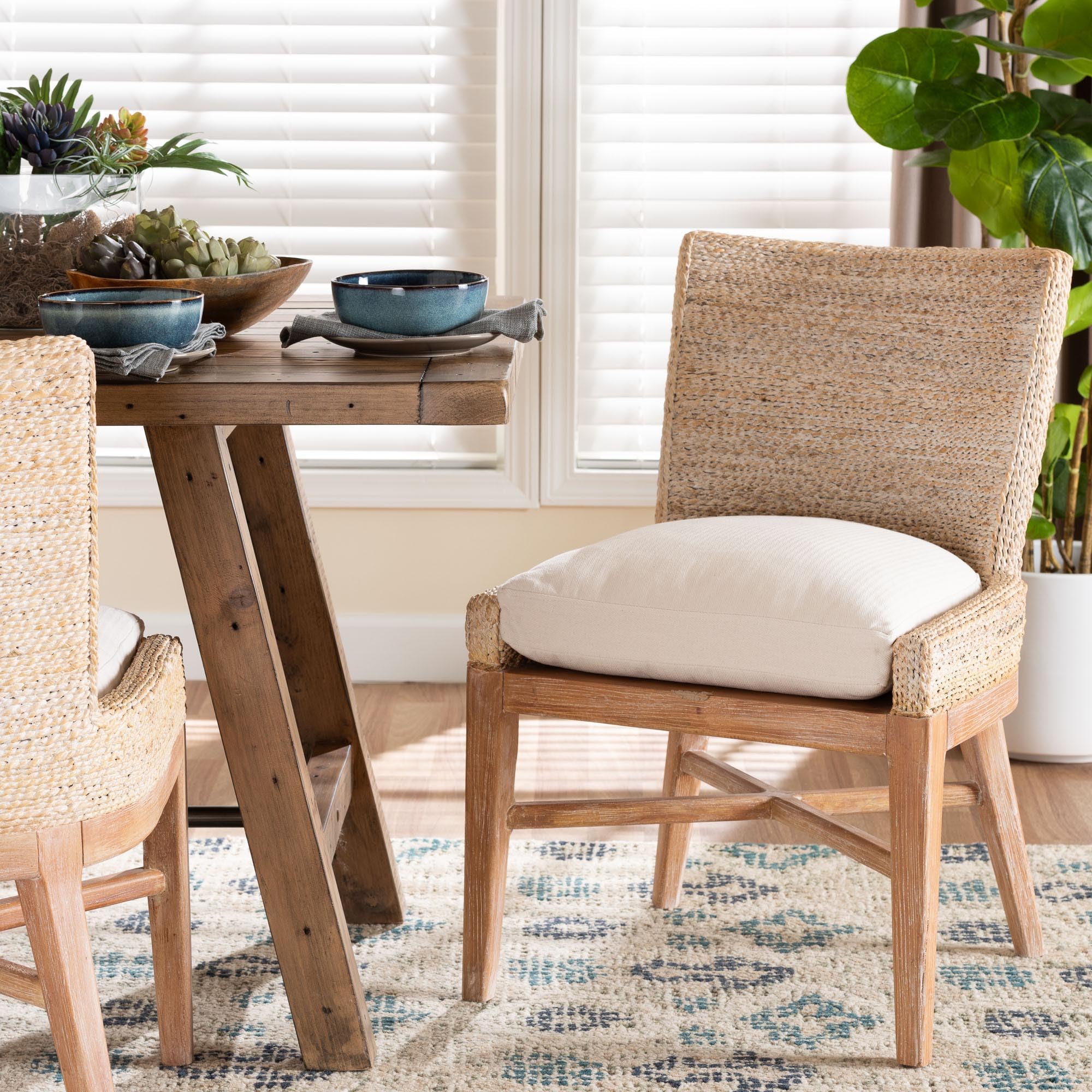 Condition photo showing New/Like New for bali & pari ridley seagrass dining chair with mahogany wood frame - coastal accent chair with woven square back and cushioned seat for dining room or kitchen, whitewash