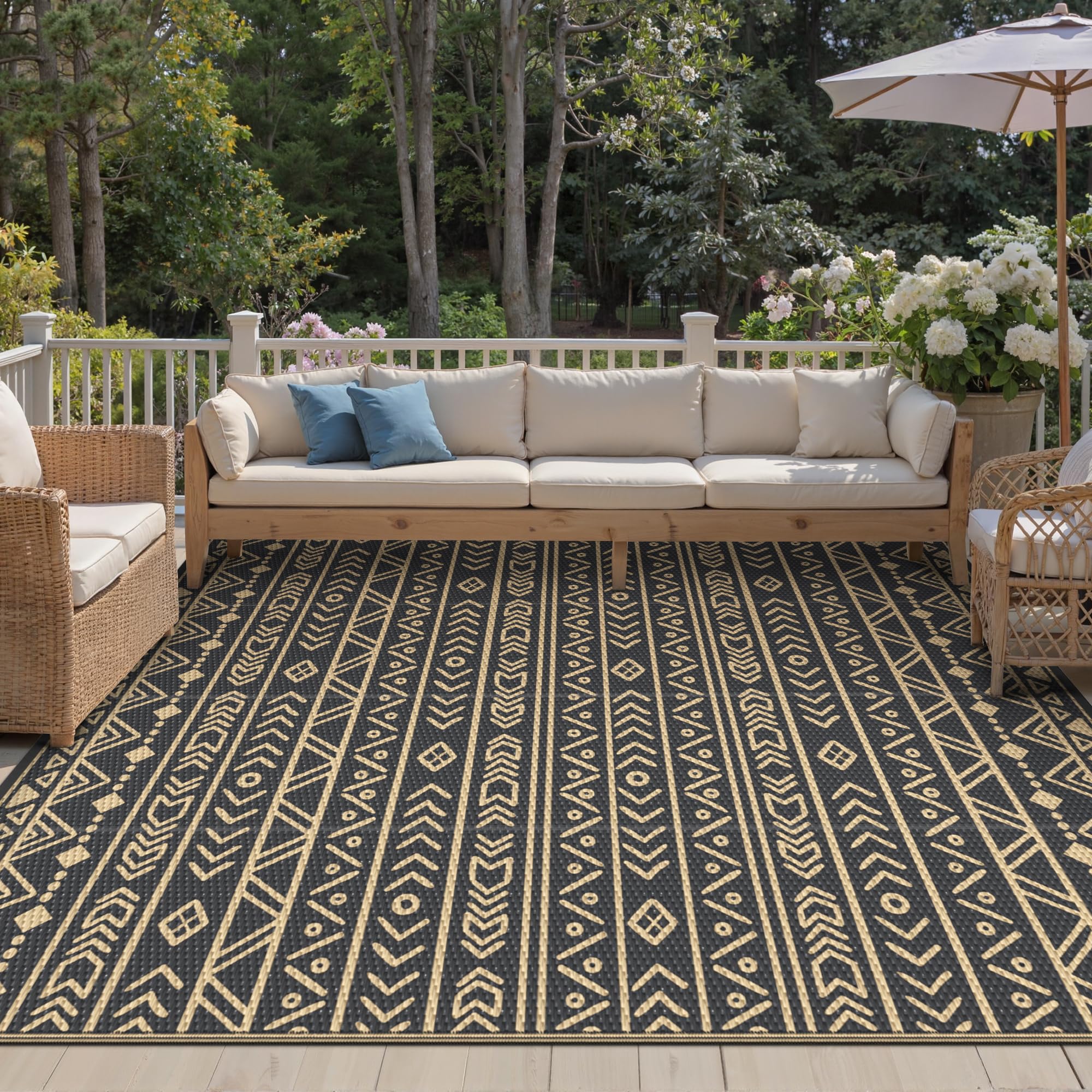 GENIMO Outdoor Rug 270x360cm – Waterproof & UV Resistant Large Patio Mat, Reversible Garden Carpet for Backyard, Balcony, RV, Picnic – Black & Brown — image 1