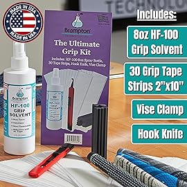 Brampton Ultimate Grip Kit for GolF Club Regripping - 30 Premium 2x10 Golf Grip Tape Strips, Hook Knife, Rubber Vise Clamp, & 8 oz HF-100 Non-Toxic, Non-Flammable, Odorless Golf Club Grip Solvent