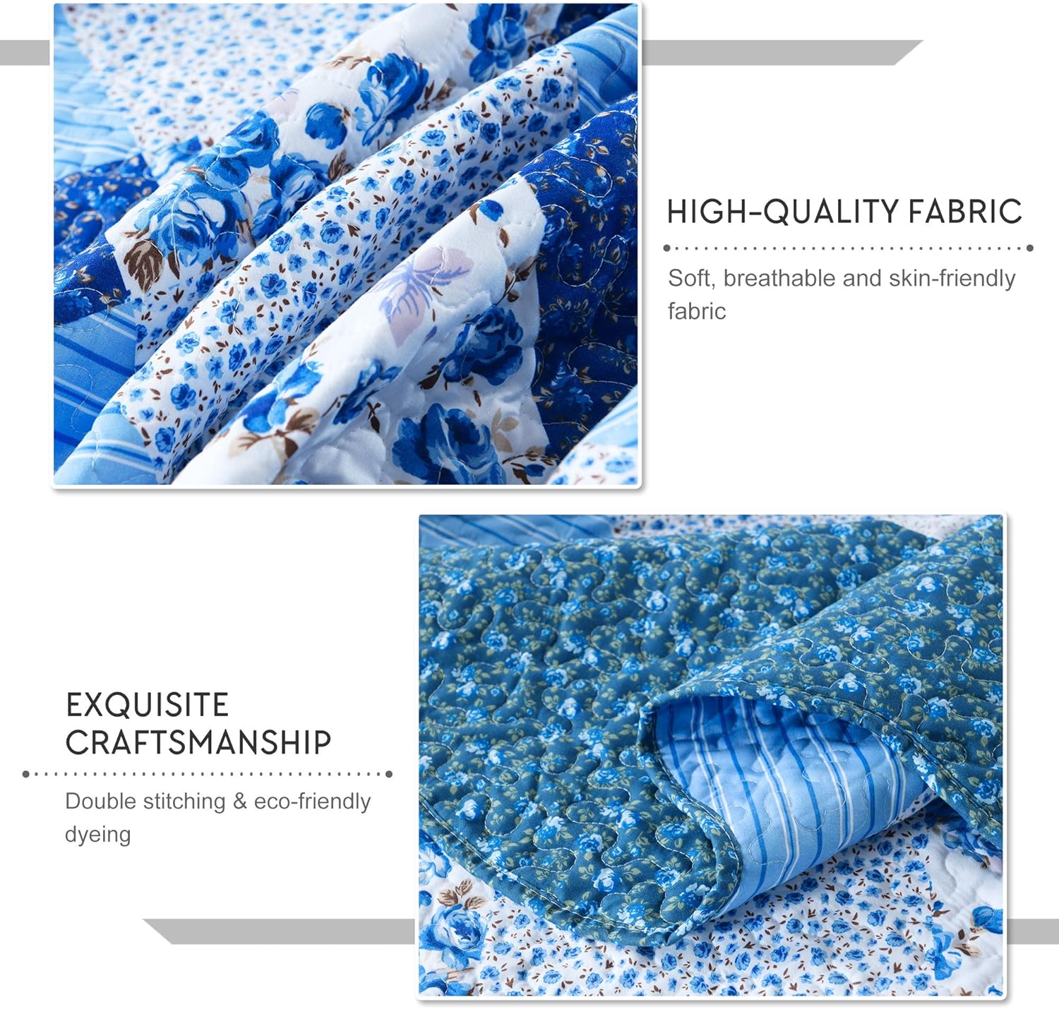 Travan Bedspread Quilt Sets 3-Piece Lightweight Coverlet Set with Shams Reversible Quilted Bedding Set, Blue Floral Patchwork, Queen Size - Image 3