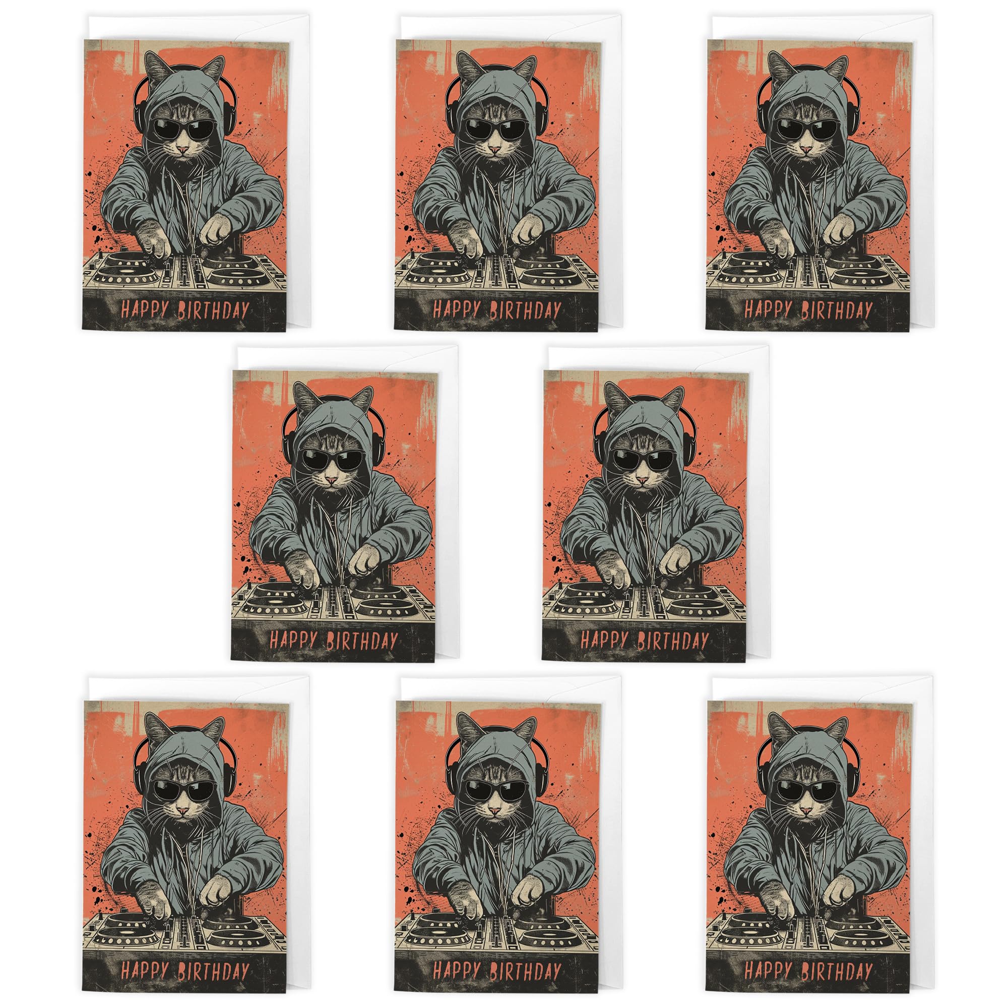 Artery8 DJ Cat Birthday Cards – Pack of 8 A6 Cards with Envelopes – Cat With Hoodie Character on Turntables – Bold Orange Splatter Design – Great for Teens, Music Fans & Otaku – Blank Inside