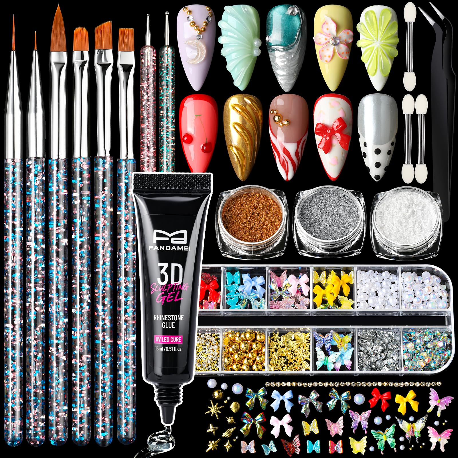 FANDAMEI Nail Art Kit, 3D Sculpting Gel for Nail Art with 6 PCS Nail Art Brushes, Gold Silver White Nail Chrome Powder&3D Nail Charms for Bedazzling, nail supplies Kit for 3D Nail Art Nail Designs