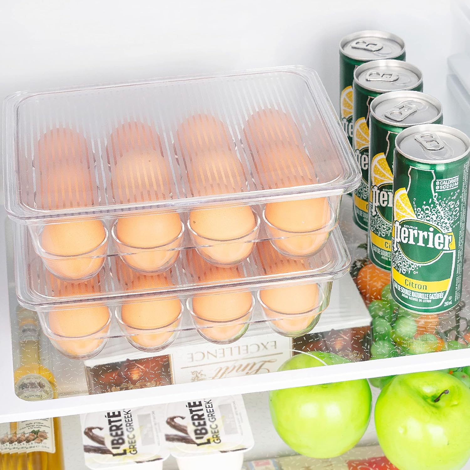 JINAMART Stackable Plastic Egg Holder for Refrigerator, Fridge Fresh Eggs Organizer Tray with Lid & Handles, Deviled Egg Storage Drawer for Countertop, Containers, Stores 12 Egg, Clear (Set of 2)