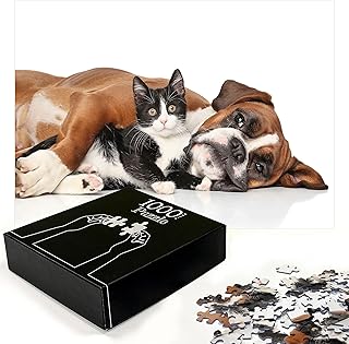 Ambesonne Funny Jigsaw Puzzle, Cat and Dog Cuddling Lying on Floor Friendship Theme Animals Togetherness, Heirloom-Quality Fun Activity for Family Durable Cardboard, 1000 pcs, Brown Black White