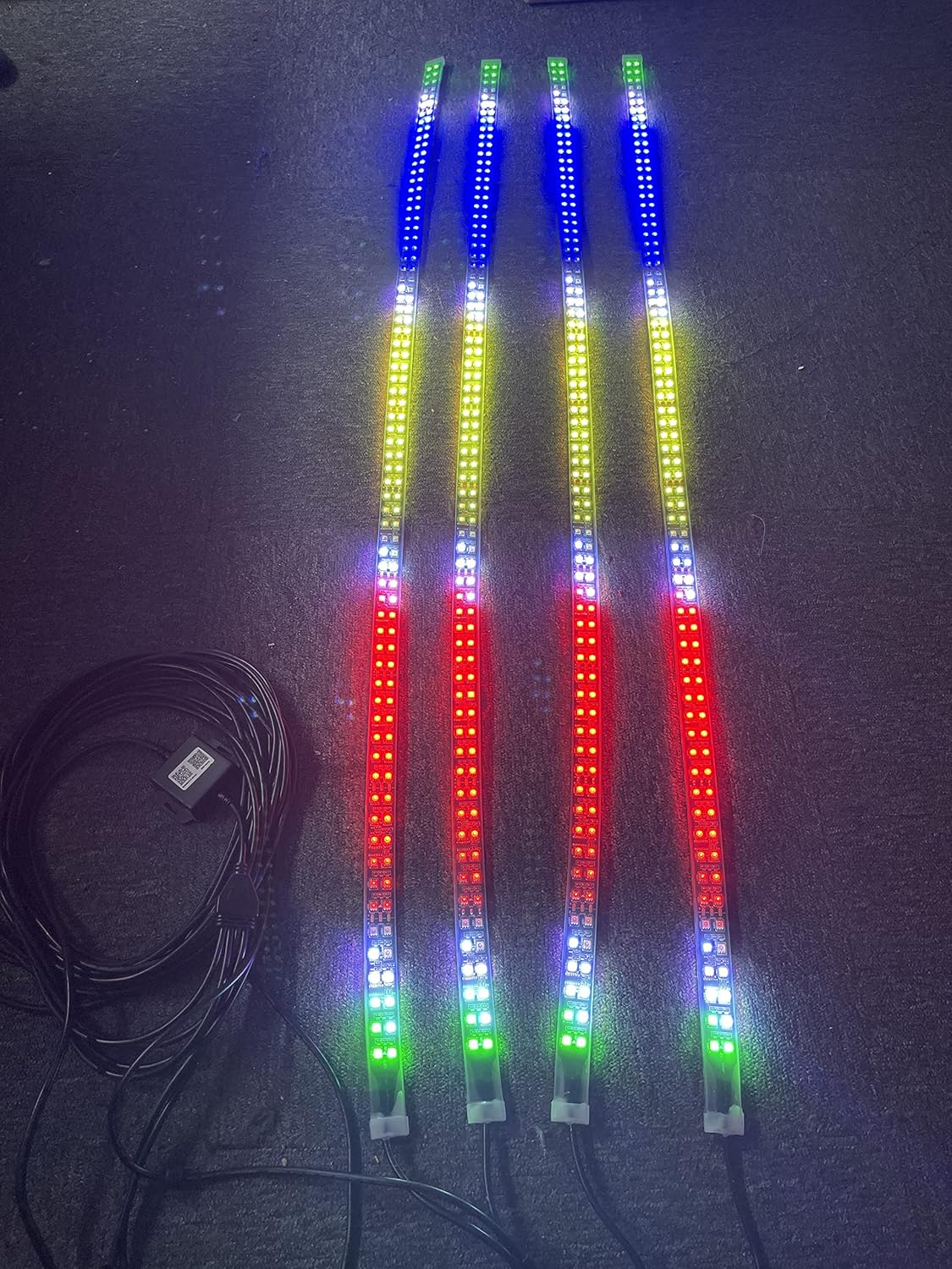 4PCS 4Ft Dream Chasing Color Double Row Led Strip Lights IP68 Waterproof Super Bright Underglow Light Kit with Harness Wiring 4 Plugs Bluetooth Ctrl