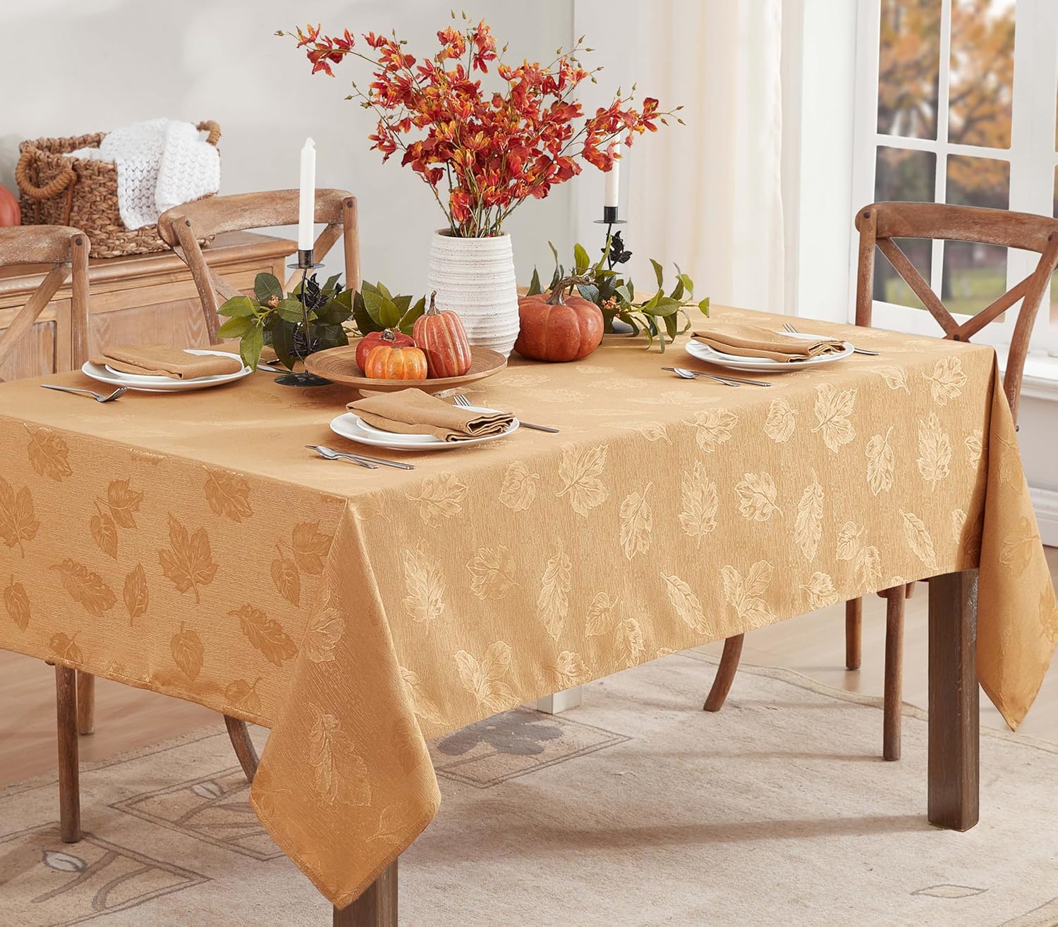 Newbridge Gold Tremont Leaf Damask Rectangle Fabric Spring Lodge Tablecloth, 60 x 120 Inch, Elegant Holiday Swirling Leaf Pattern, Soil Resistant Easy Care Table Cover