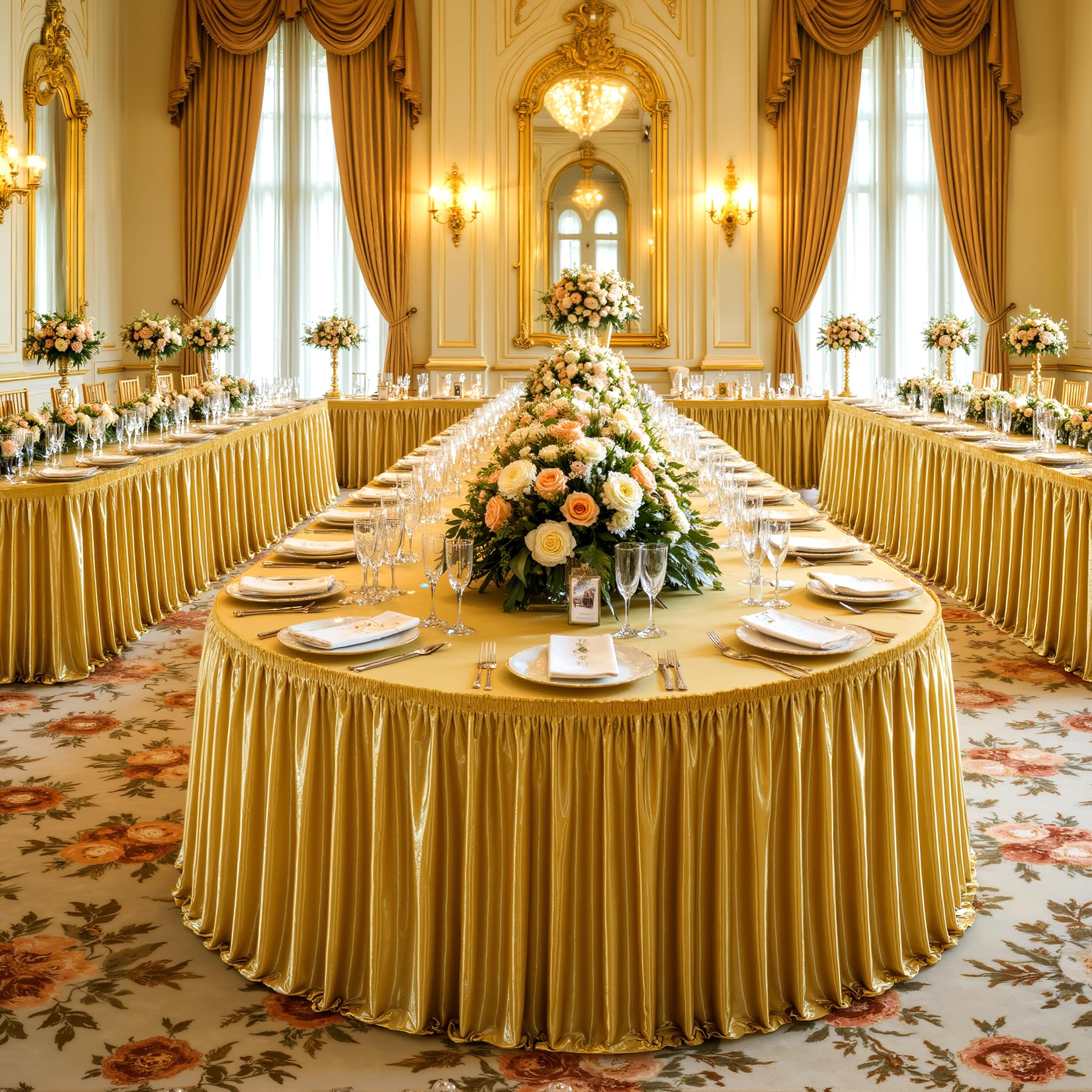 Photo 1 of 14ft Length Dark Gold Satin Table Skirt for Rectangle Tables-Wrinkle Resistant Ruffle Table Skirting Glitter Desk Cover Skirt for Birthday Party Wedding Banquet Display Gift Dining Table Decorations
