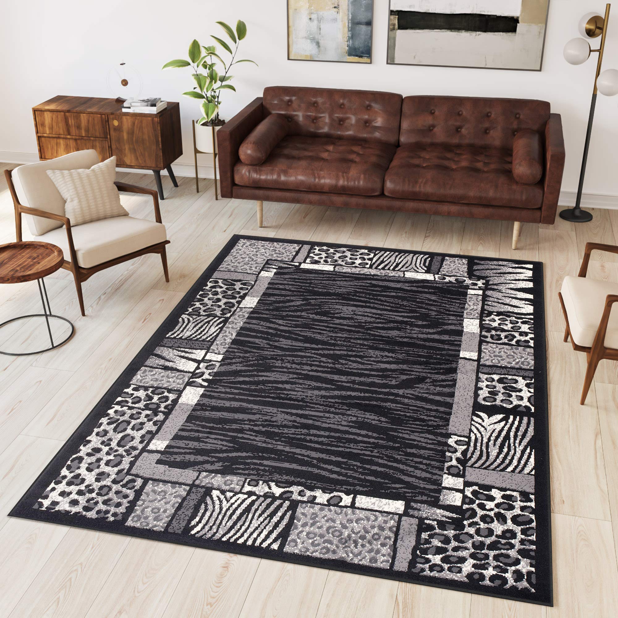 TAPISO Dream Tapis de Salon Chambre Salle à Manger Adulte Bureau Ado Design Moderne Noir Gris Motif Animalier Zèbre Panthère Bordure Poil Court Fin Doux Léger Résistant 250 x 350 cm