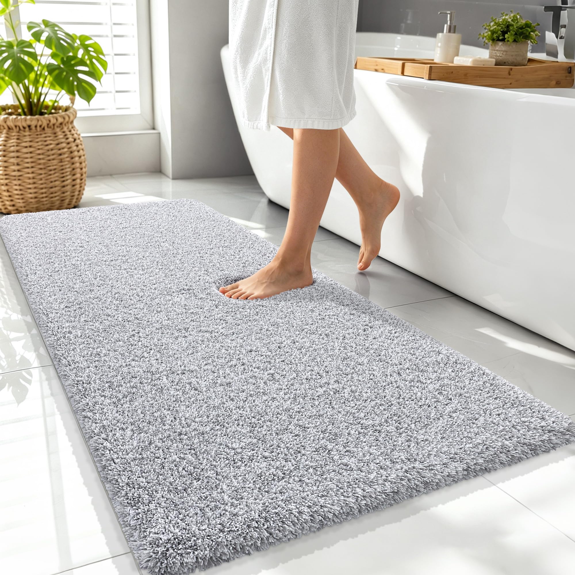 OLANLY Microfiber Bathroom Rugs 47x24, Quick Dry Bath Mat, Grey and White