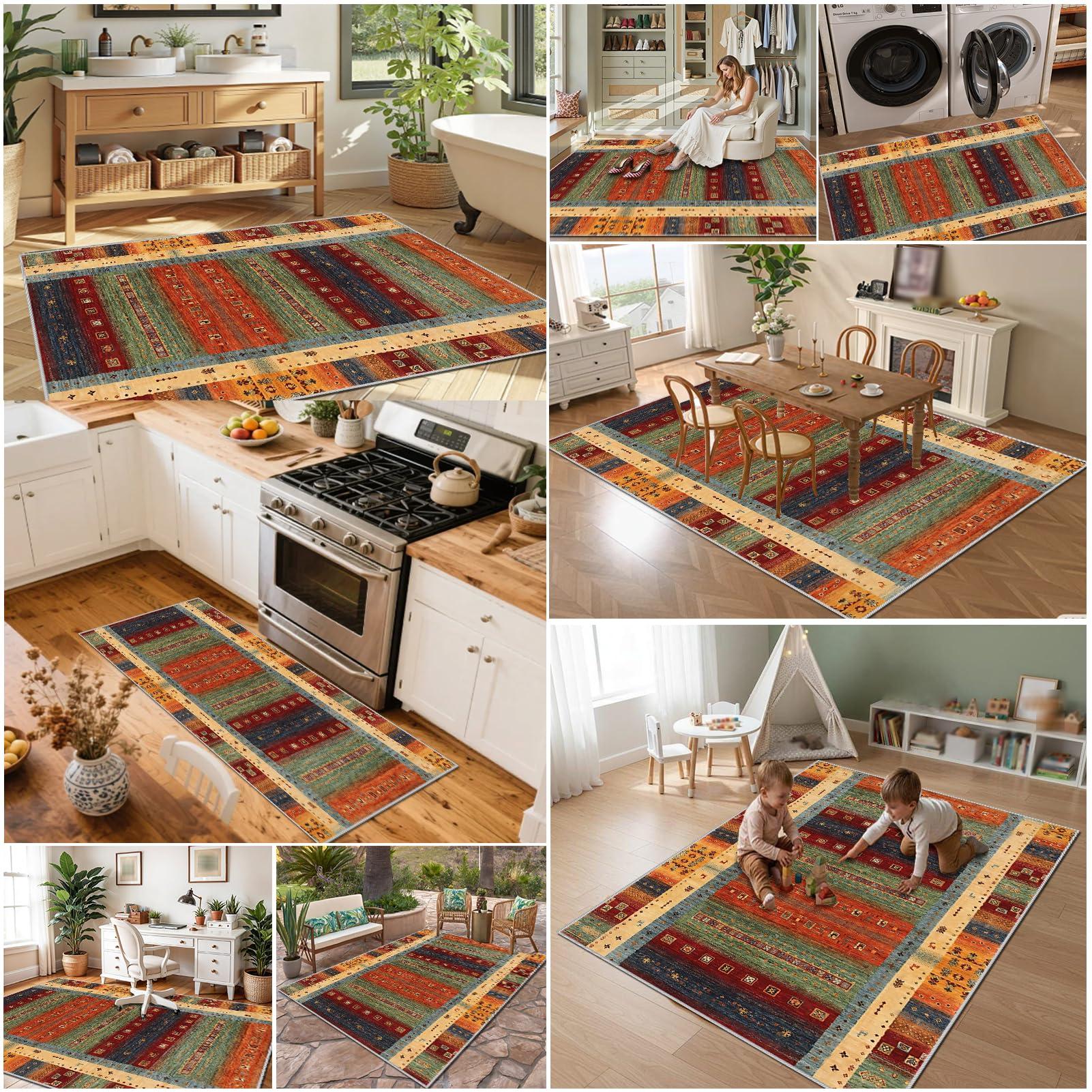 Dywan do salonu w stylu vintage, 170 x 190 cm dywaniki do sypialni, salonu, sypialni, kuchni, jadalni, duży dywan z krótkim włosiem, dywan do jadalni, antypoślizgowy zmywalny dywanik kuchenny
