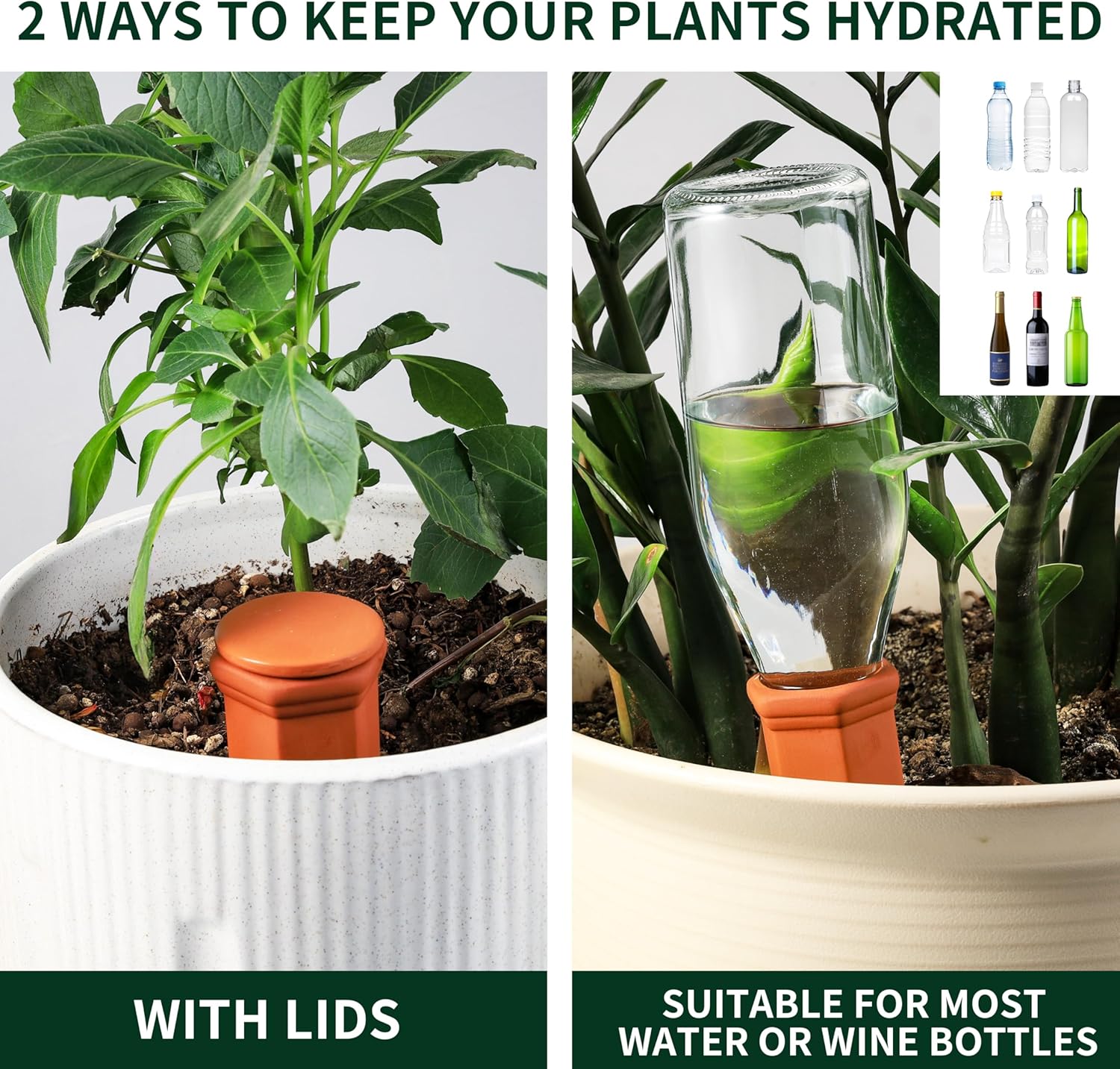 Soilagua Large Terracotta Watering Spikes with Lids, Automatic Plant Waterer Outdoor | Indoor, Vacation Friendly Clay Plant Watering Devices System, Slow Release Self Watering Planter Insert, 6 Pack