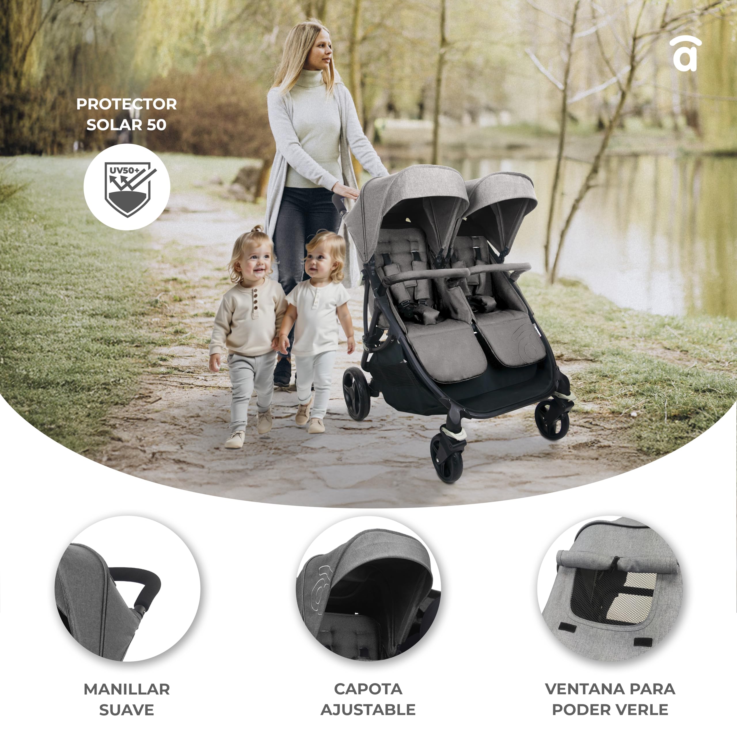 Asalvo DOBLE BRO Silla paseo Gemelar, Carrito Doble, Reclinable y Plegable, Silla para Gemelos y Hermanos, Ligera, Compacta, Desde Nacimiento hasta 22 kg, Carga máx 46,5 kg, Capota con Ventana, Gris