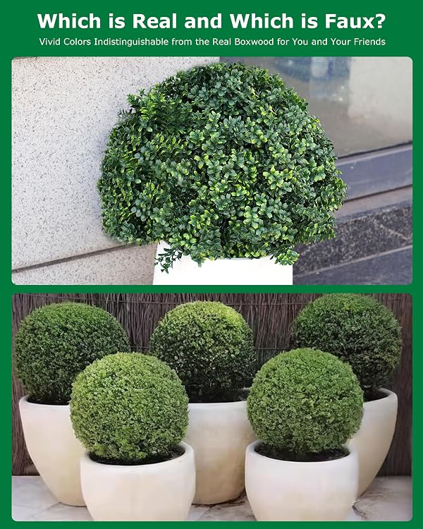 27.6" Outdoor Artificial Topiary Boxwood Tree, Faux Plants Shurbs with Ground Spike Outside, 2 Set Topiary Ball Tree Green, Waterproof UV Resistant Fake Plants for Porch Home Garden Spring Decor by ATLIKE - Used condition - Image 3