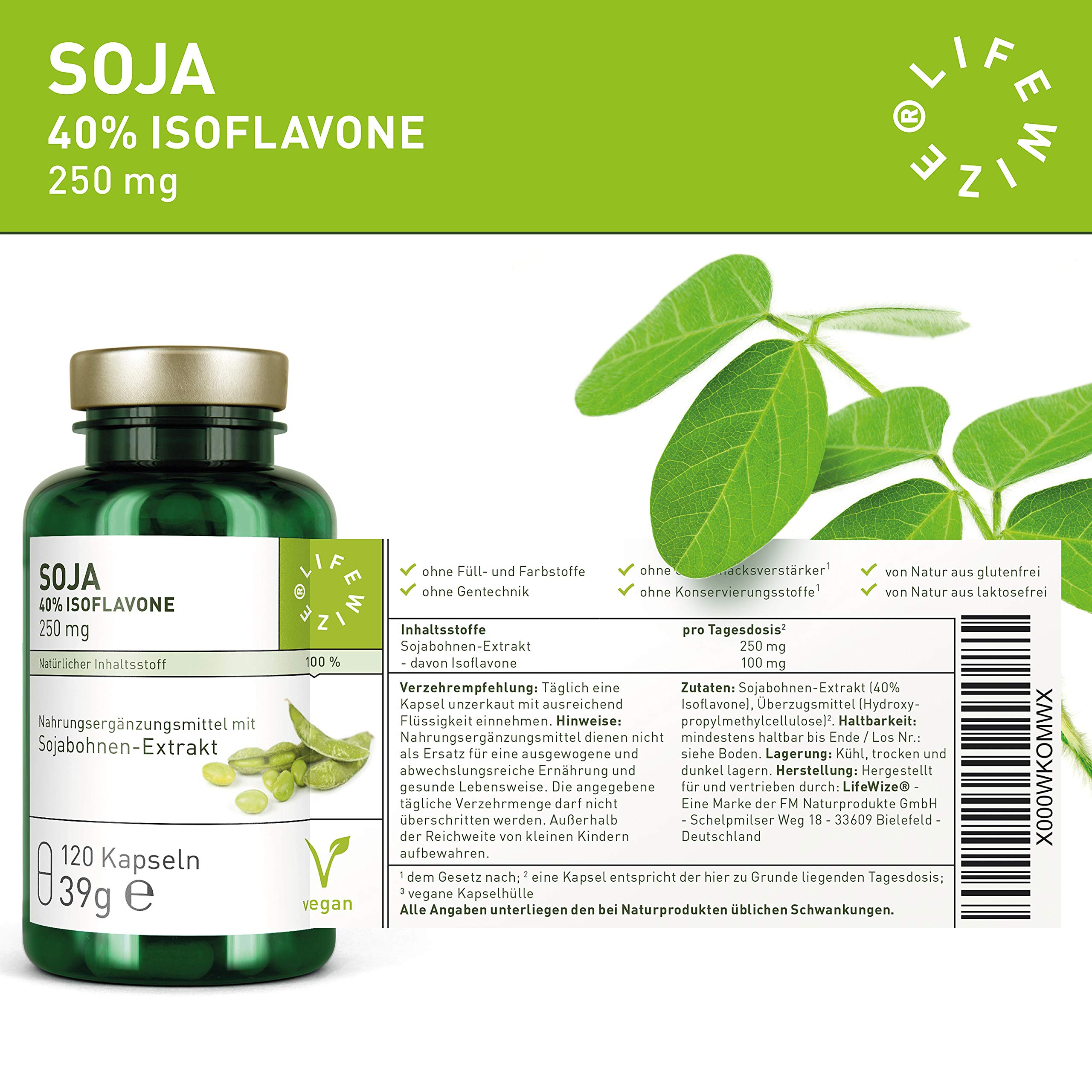 LifeWize® Soja Isoflavon Kapseln - 250mg - Echter Sojabohnen als 30:1 Extrakt mit 40% Isoflavone - 120 Kapseln - Vegan und ohne Zusatzstoffe