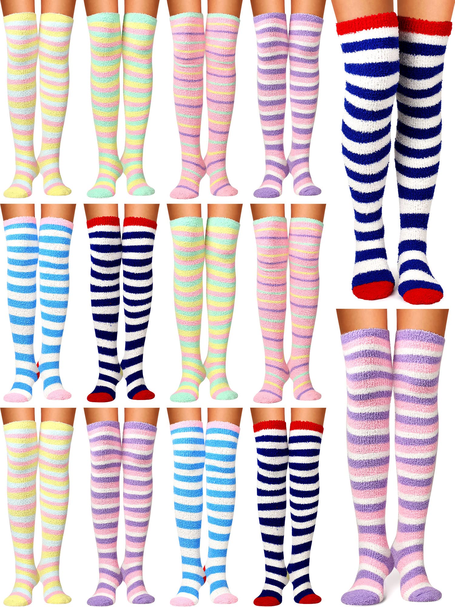 Foaincore 12 Pairs Women Thigh High Fuzzy Socks Warm Long Striped Stocking Cute Fluffy Cozy over the Knee