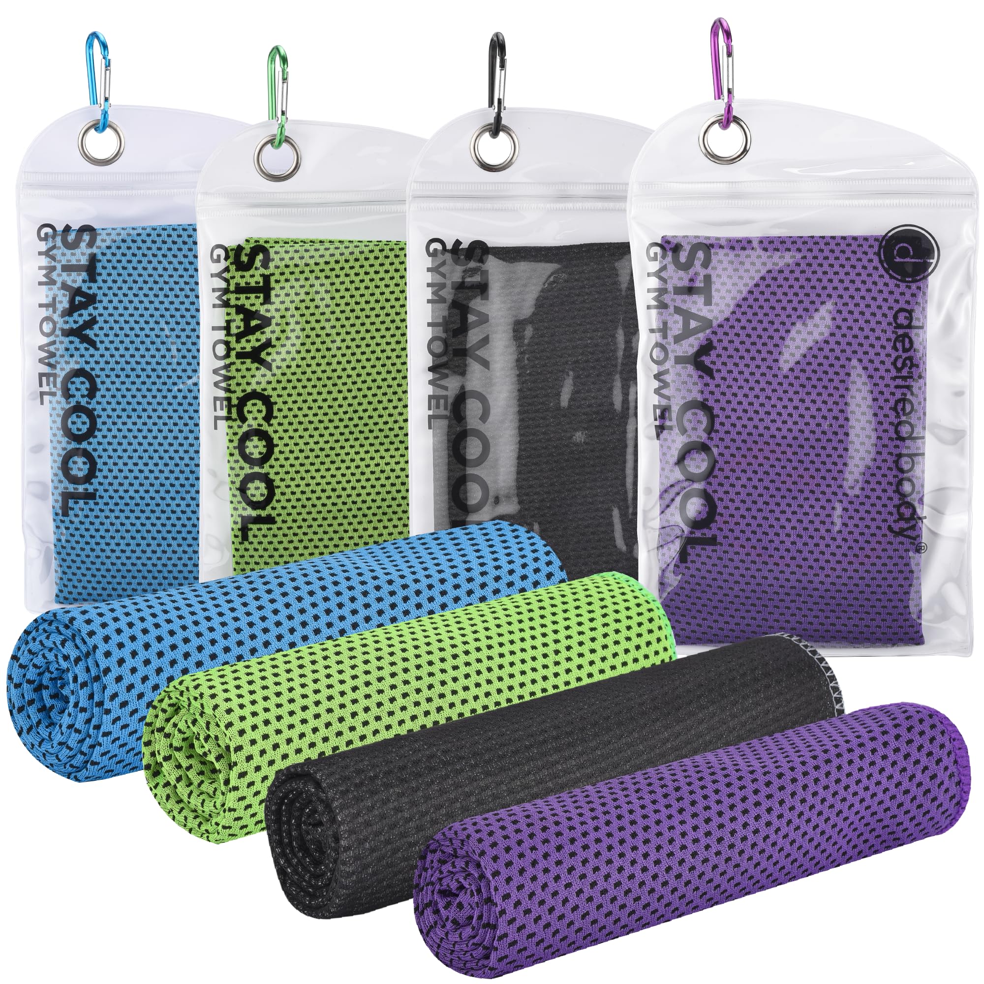 Microfiber Cooling Towels for Neck and Face - 4 Pack 40x12” Mesh Quick Dry Gym Towels for Working Out with Waterproof Bag and Carabiner - Sweat Rag for Gym, Sports, Outdoor Activities