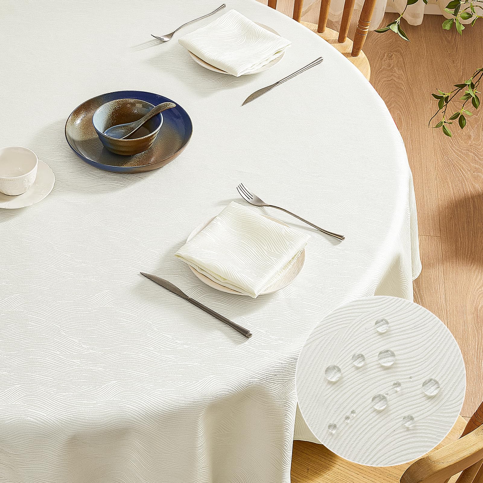 Softalker Manteles Antimanchas Redondo 160 cm de diámetro Beige Mantel de Jacquard a Rayas Mantel Exterior Impermeable, Protege la Mesa para Comedor, Cocina, Navidad cumpleaños, Festivos, 1 Pieza