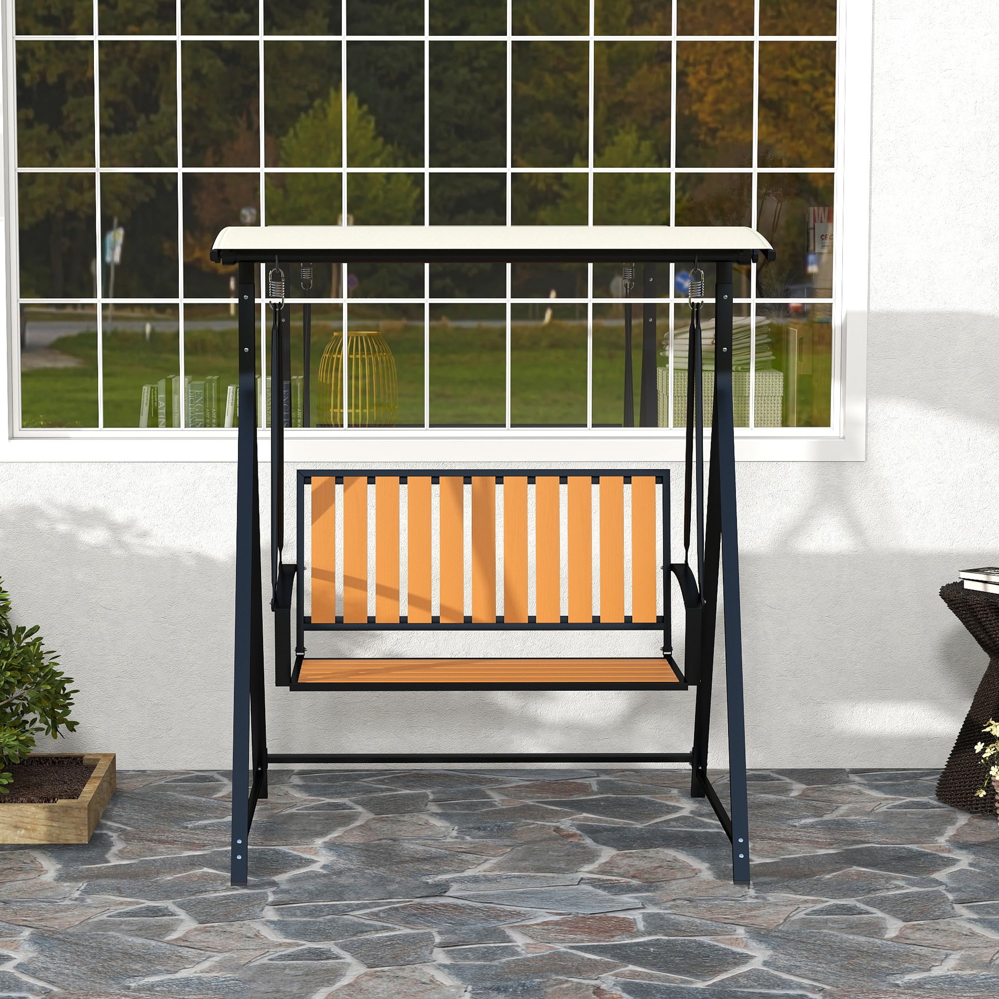Outsunny Hollywoodschaukel mit verstellbarem Sonnendach, 2-Sitzer Gartenschaukel, wetterfest Schaukelbank belastbar bis 240kg, Gartenliege für Garten, Terrasse, 142 x 112 x 162cm, Schwarz