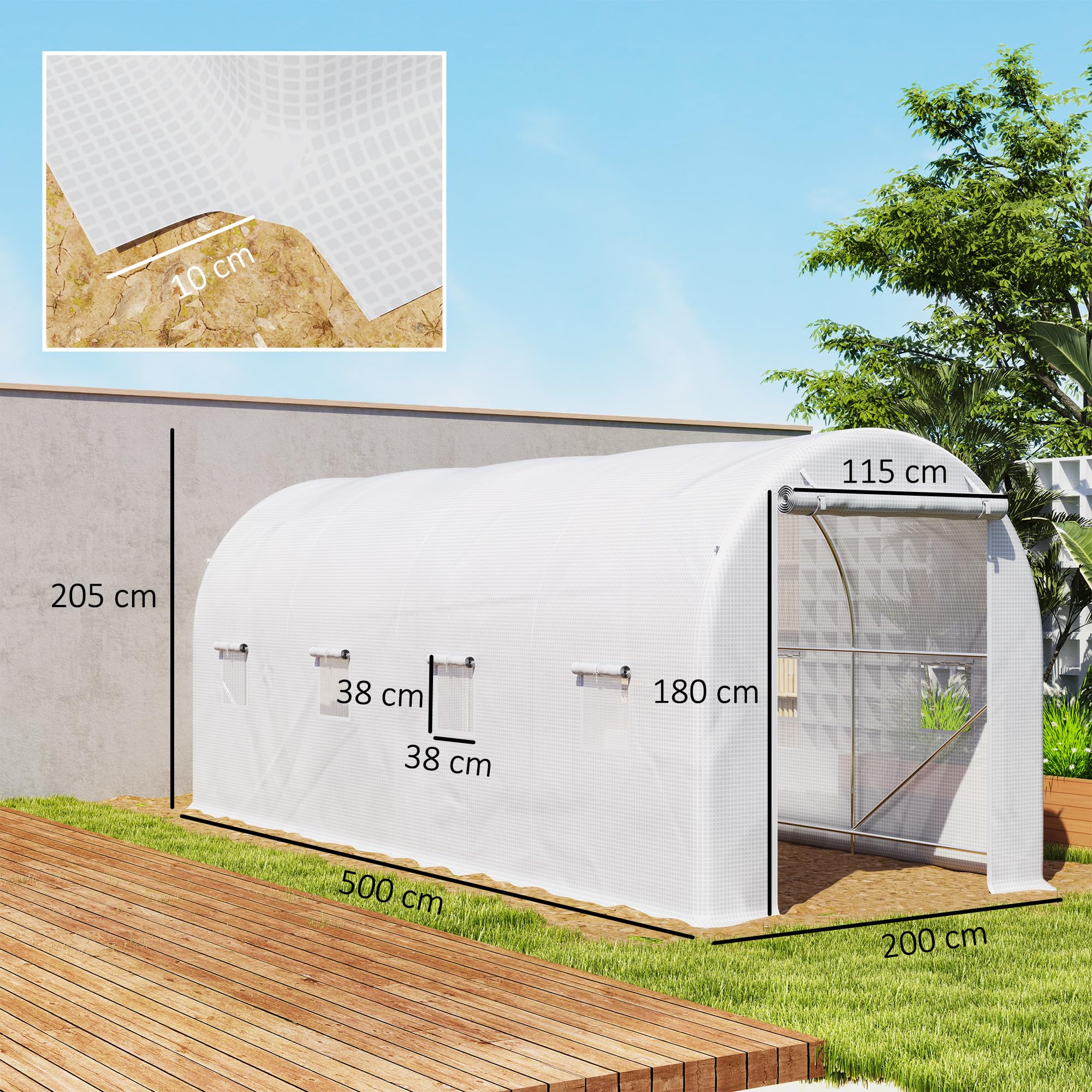 Outsunny Invernadero de Túnel 500x200x205 cm Invernadero de Jardín con Puerta Enrollable y 8 Ventanas Cubierta PE 140 g/m² Marco de Metal para Cultivo Plantas Verduras Blanco