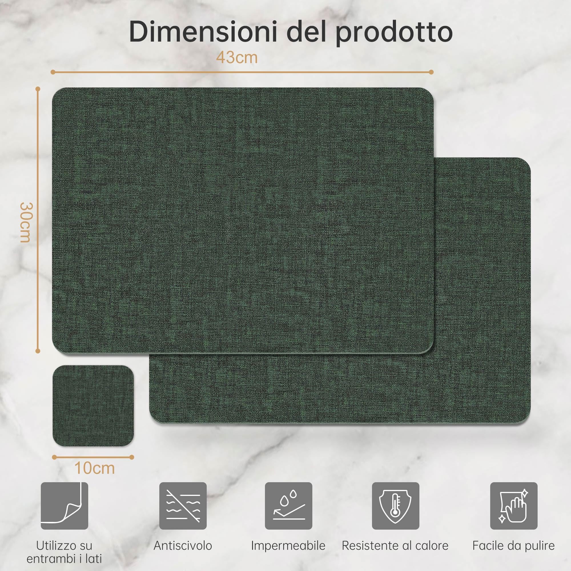 KitchenBoss Tovagliette Americane Lavabili con Sottobicchieri, Set di 8 Tovagliette Colazione Tovaglietta Effetto Pelle Resistenti al Calore, Impermeabili su Entrambi i Lati, 43×30 cm, verde