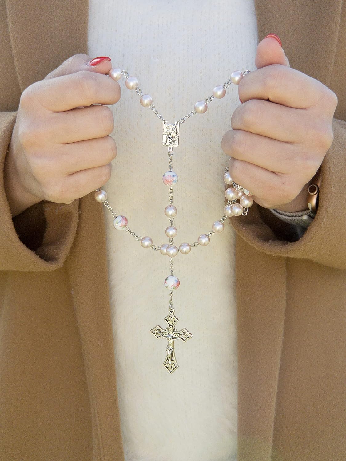 Nazareth Store Pearl Beads Rosary White Flowers Beaded Necklace Lourdes Medal & Cross Crucifix - Image 2