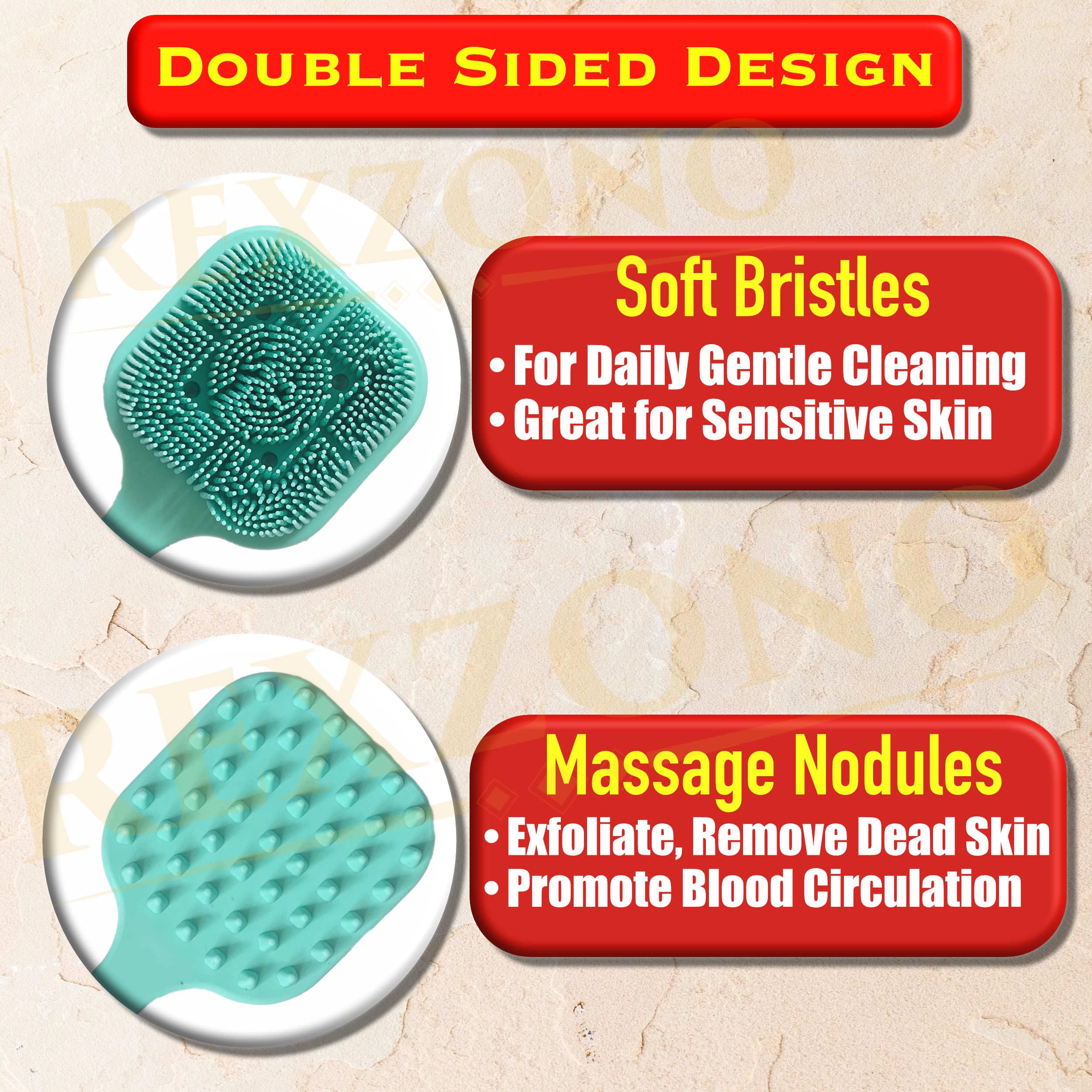 Rexzono® Double Sided Silicone Back Scrubber, Long Handle Exfoliating Body Bath Brush - Image 2
