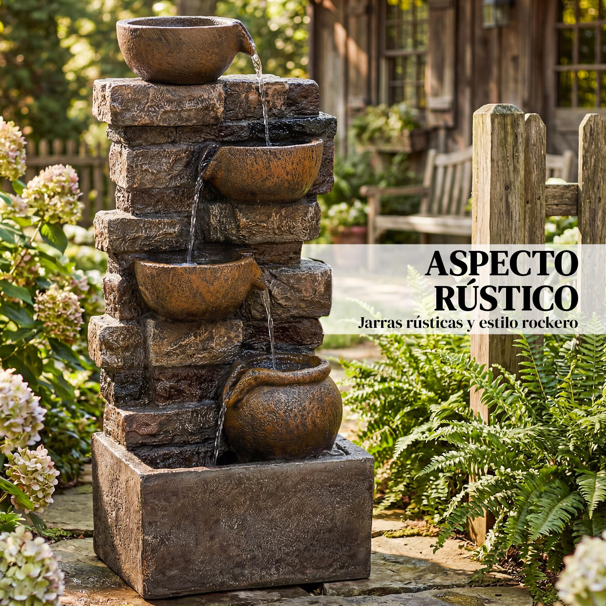 Outsunny Fuente de Agua Decorativa con Iluminación LED y Bomba, Fuente de Jardín Exteror en Cascada de 5 Niveles, Flujo Ajustable, Resistente a la Intemperie, para Jardín, Terraza, Marrón Rústico